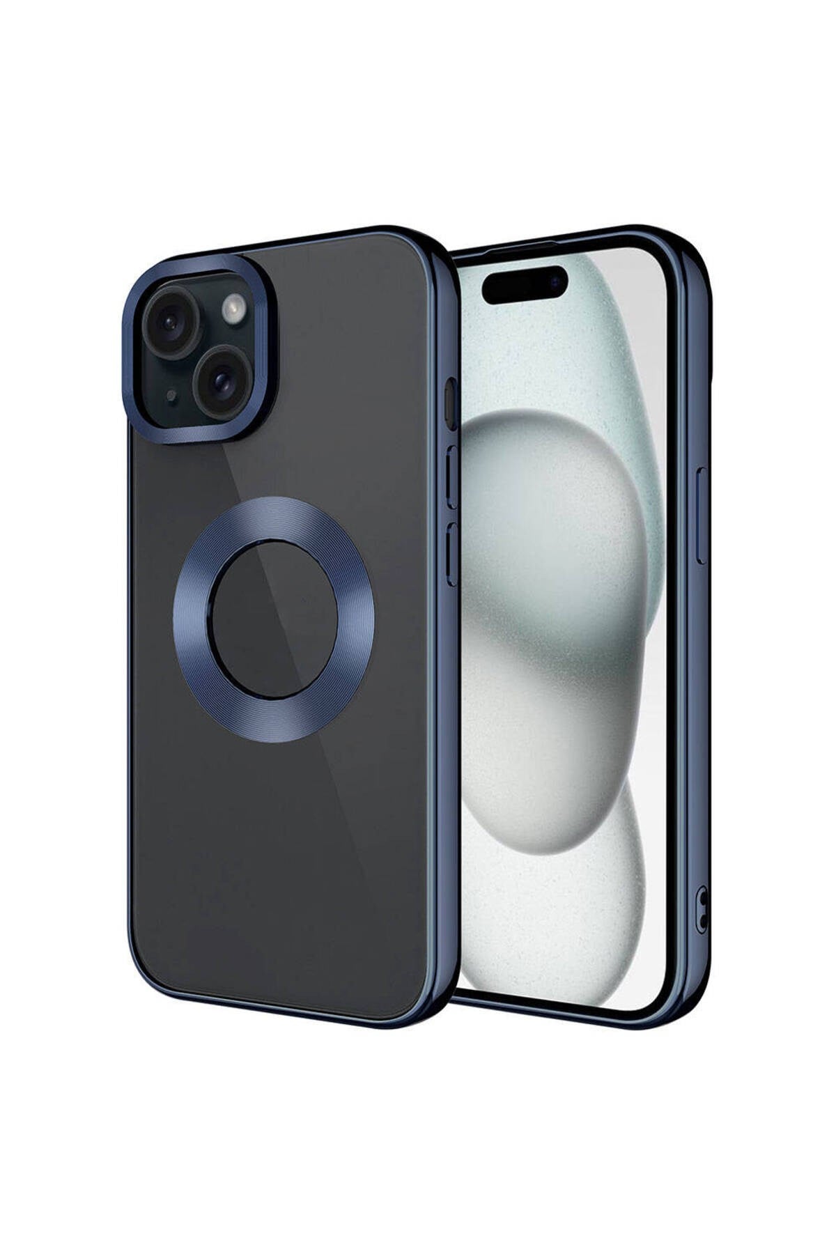 iPhone 15 Uyumlu Tek Kamera Çerçeveli Logo Gösteren NVTH Omega Kılıf-Lacivert