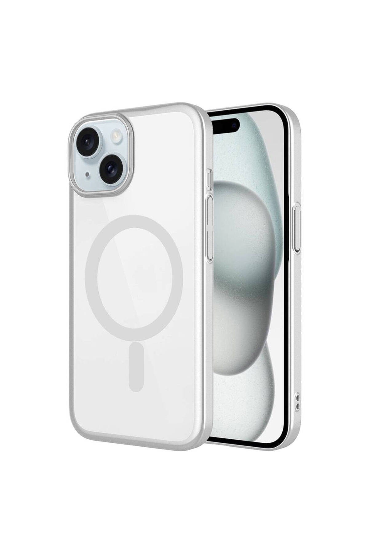 iPhone 15 Uyumlu Wireless Şarj Özellikli Sert PC NVTH Mat Riksos Magsafe Kılıf-Gümüş