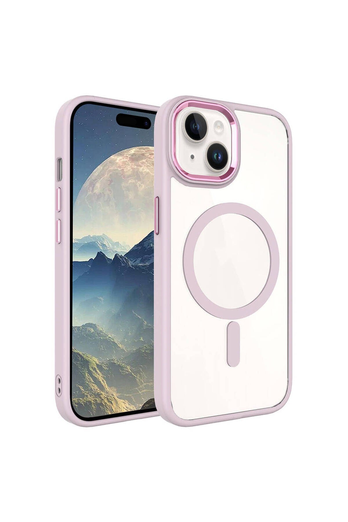 iPhone 15 Uyumlu Wireless Şarj Özellikli NVTH Krom Magsafe Silikon Kılıf-Pembe Açık