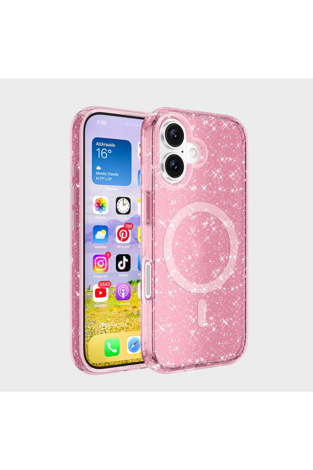 iPhone 16 Kılıf Magsafe Şarj Özellikli Parlayan Simli Saydam Renkli NVTH Allstar Kapak-Pembe