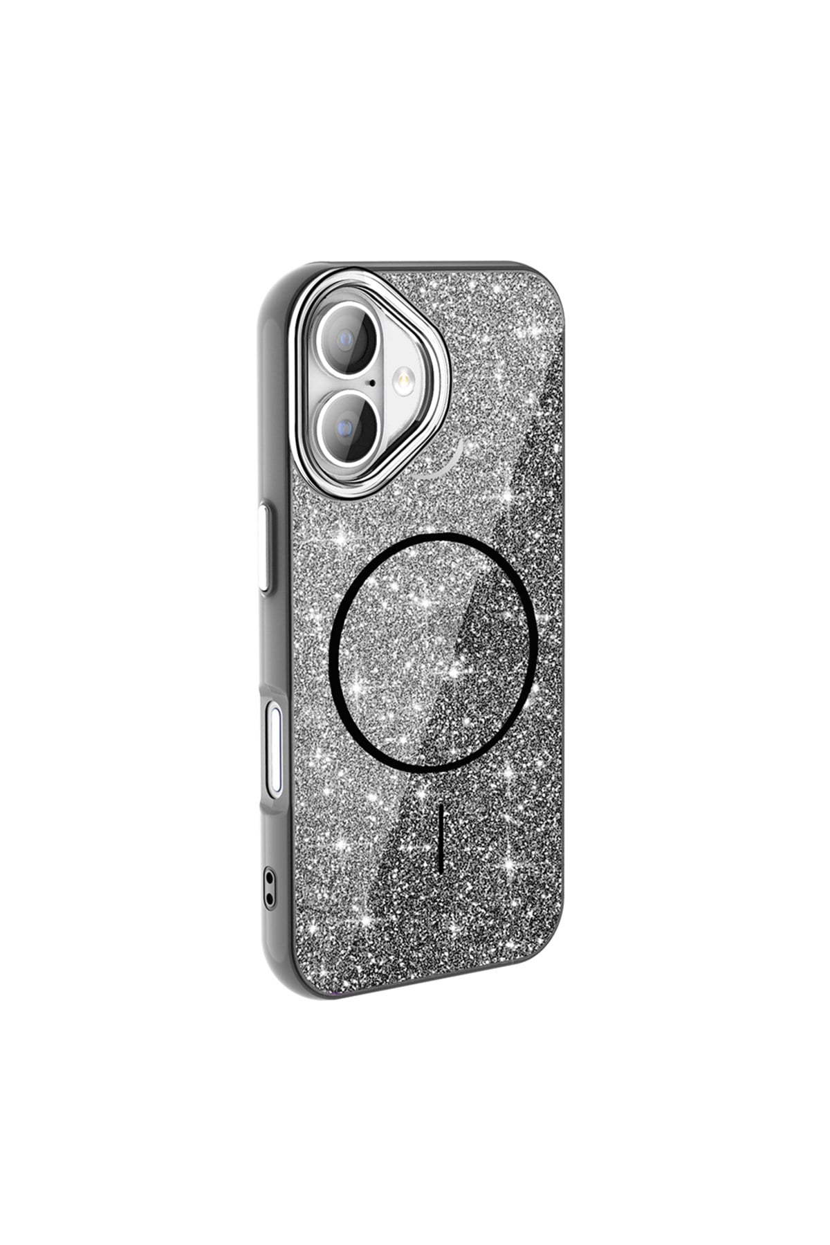 iPhone 16 Plus Kılıf Magsafe Şarj Özellikli Parlayan Simli NVTH Okso Kapak - Siyah