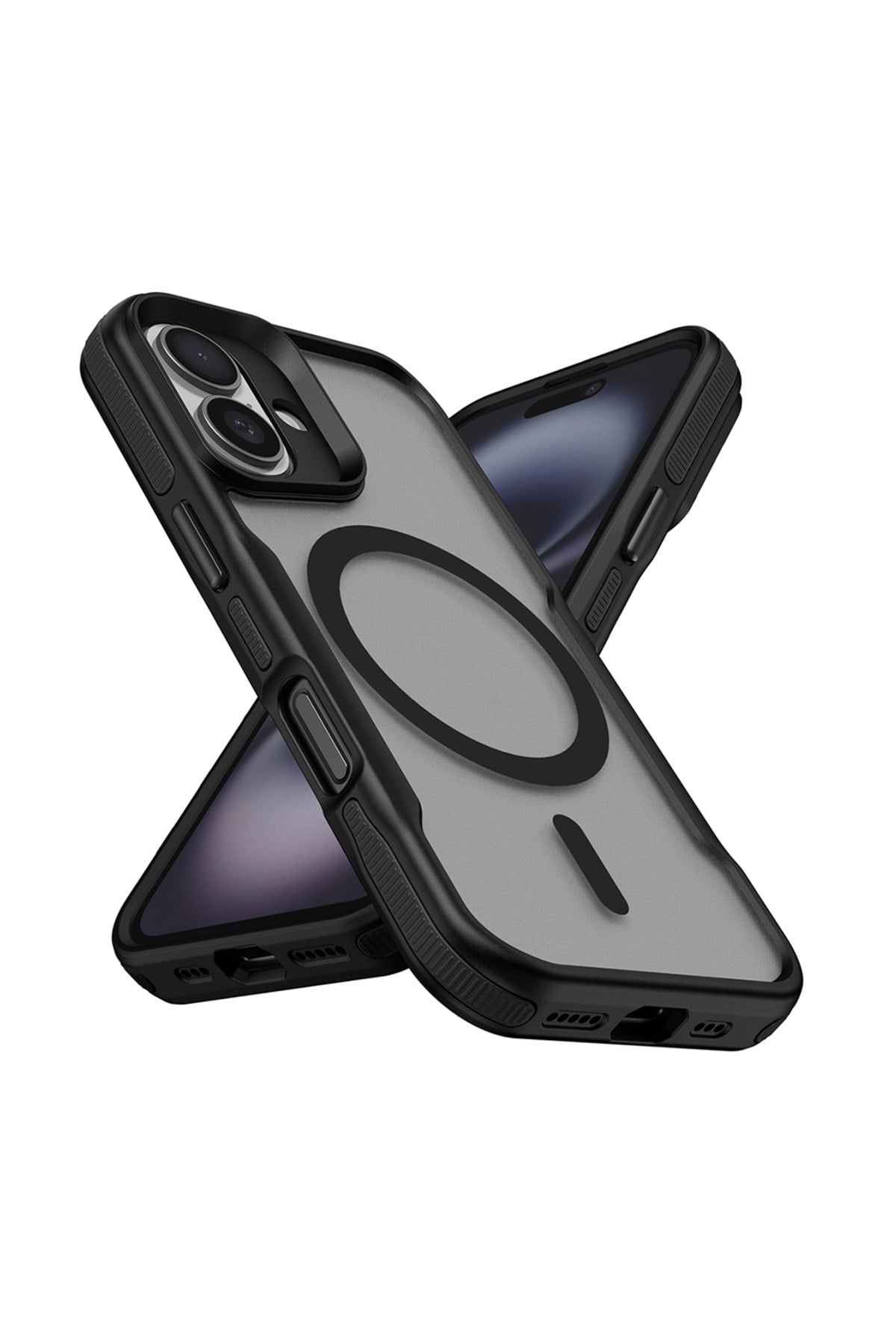 iPhone 16 Plus Uyumlu Magsafe Şarj Özellikli Renkli Kenar Airbag Şeritli NVTH Lamer Kapak-Siyah