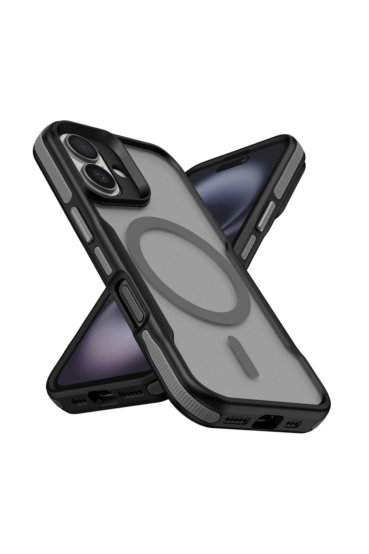 iPhone 16 Plus Uyumlu Magsafe Şarj Özellikli Renkli Kenar Airbag Şeritli NVTH Lamer Kapak-Gri