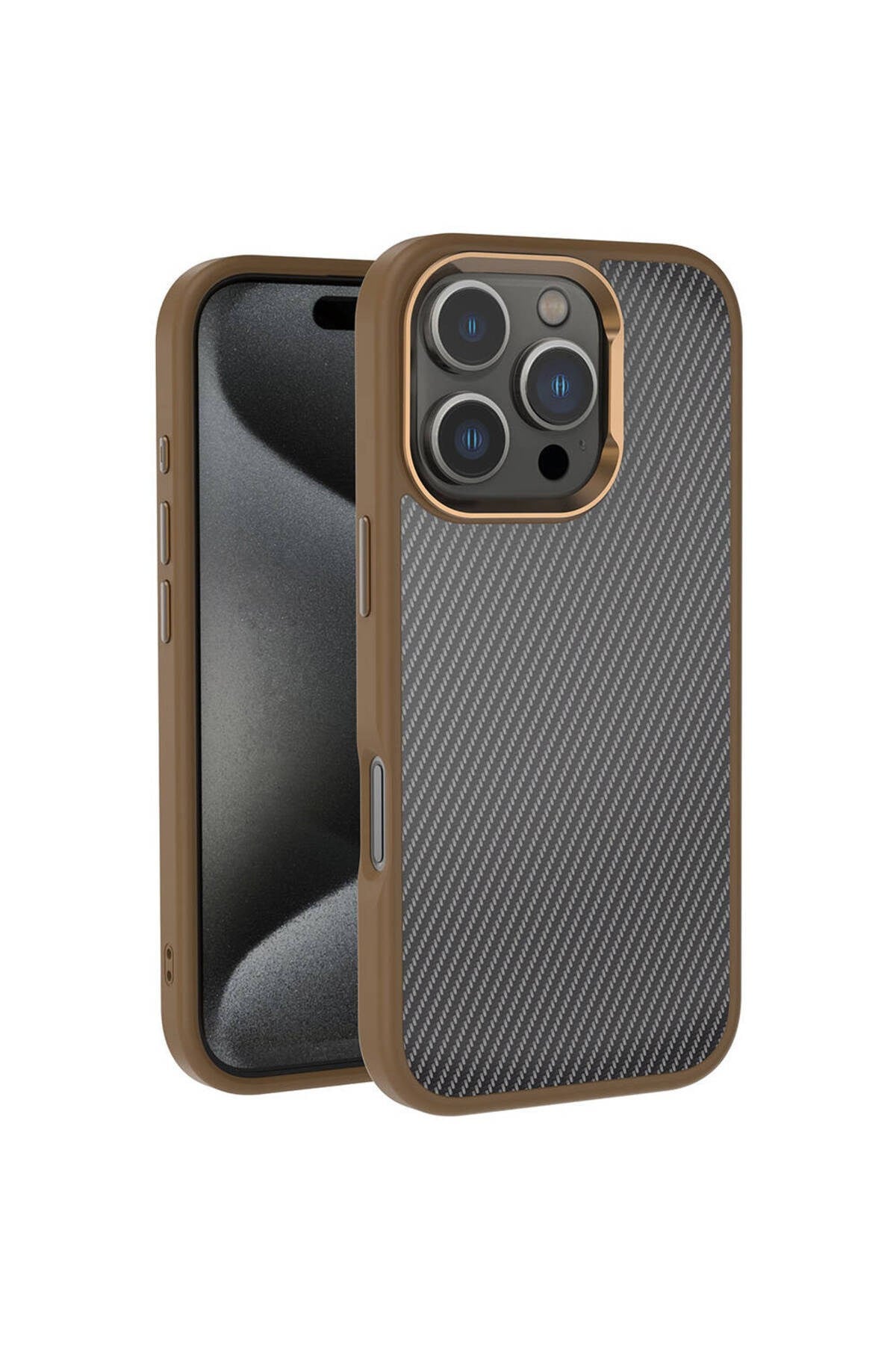 iPhone 16 Pro Kılıf Karbon Fiber Görünümlü Parlak Kamera Çerçeveli NVTH Venus Kapak-Rose Brown