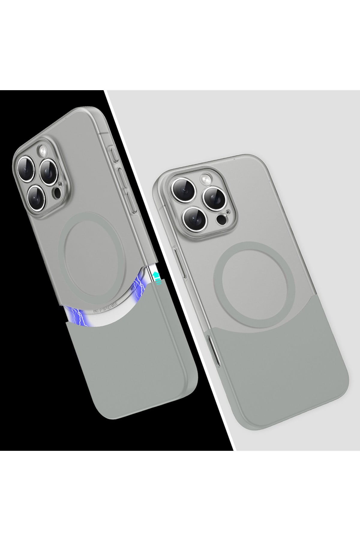 iPhone 16 Pro Kılıf M-Safe Şarj Özellikli Mıknatıslı NVTH Duble Kapak - Gri