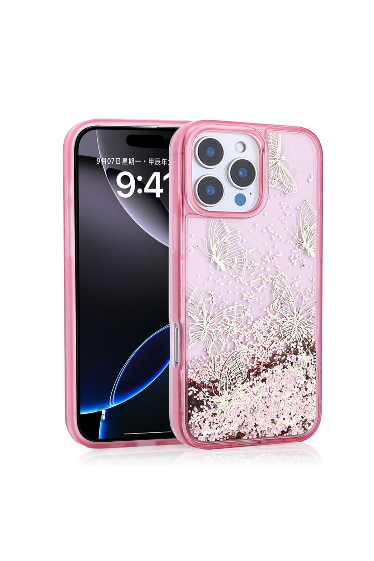 iPhone 16 Pro Kılıf Sıvılı Simli Kelebek Baskılı Şeffaf Arka Yüzey NVTH Glis Silikon Kapak - Pembe