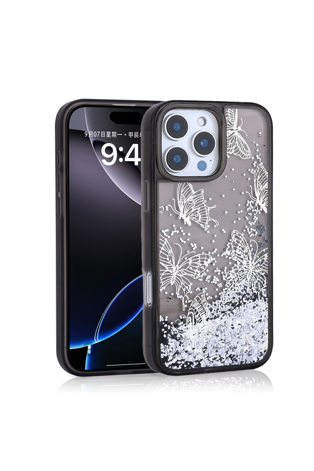 iPhone 16 Pro Kılıf Sıvılı Simli Kelebek Baskılı Şeffaf Arka Yüzey NVTH Glis Silikon Kapak - Siyah
