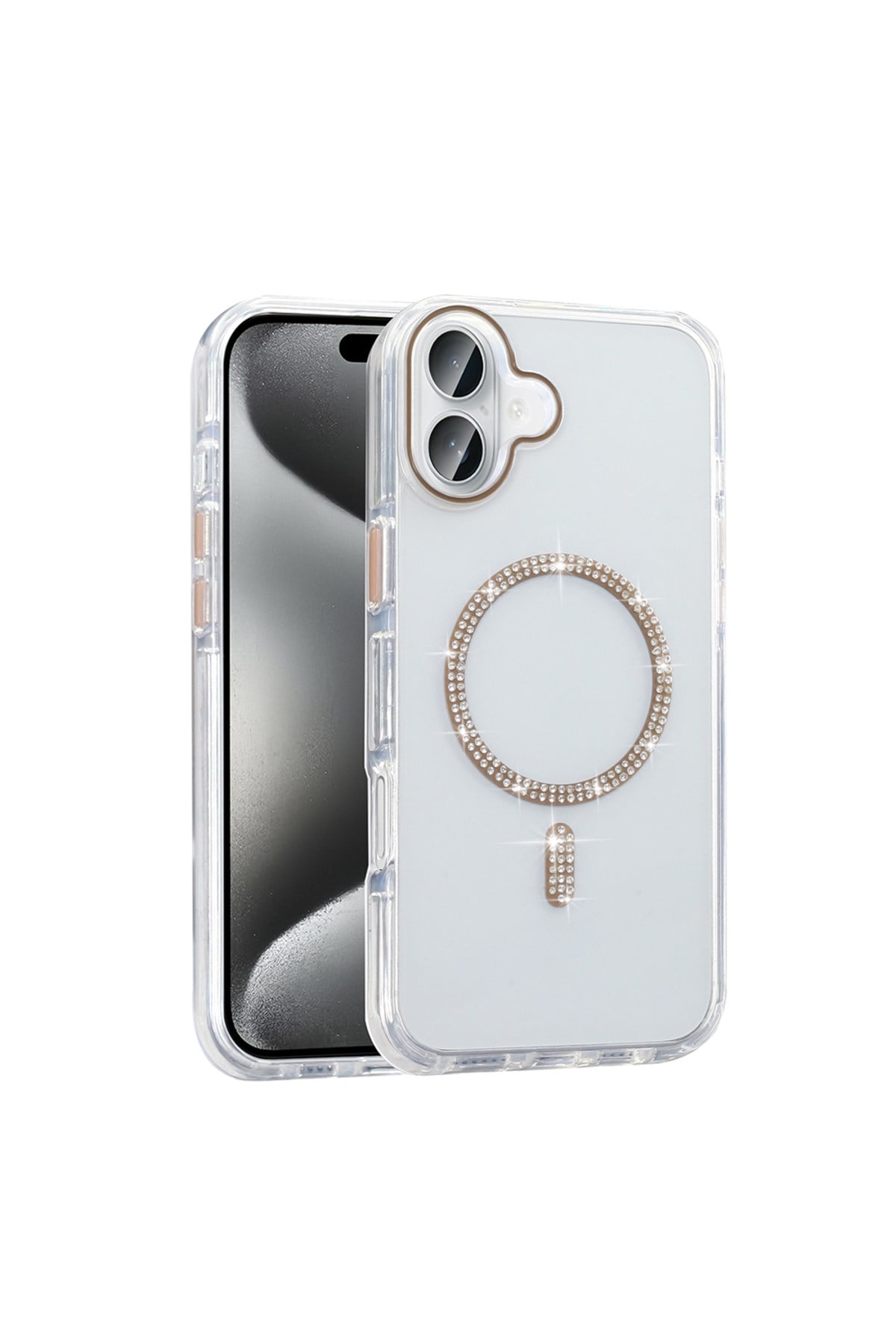 iPhone 16 Pro Kılıf Taşlı Tasarım M-safe Şarj Özellikli NVTH Koment Silikon Kapak - Gold