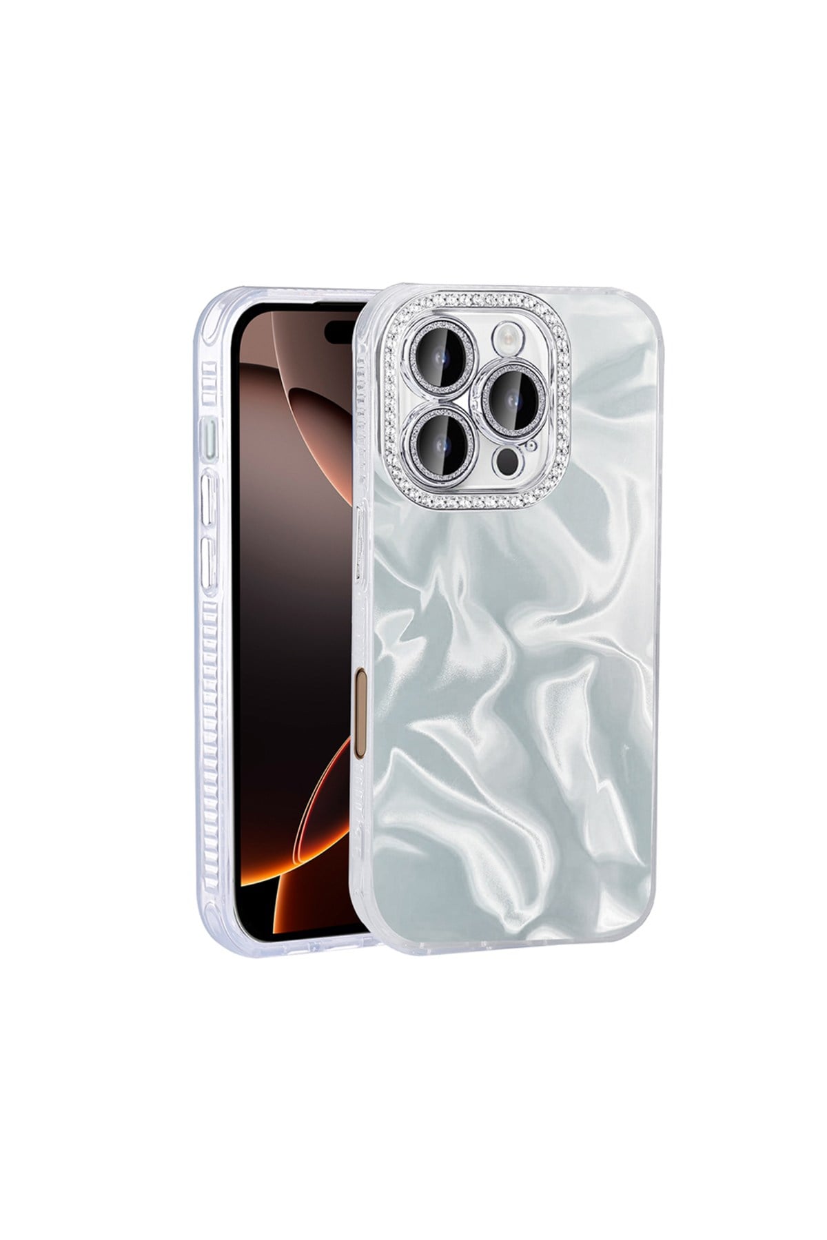 iPhone 16 Pro Max Kılıf Airbagli Parlak Taş Detay Tasarımlı Uyumlu NVTH Esila Kapak-Beyaz