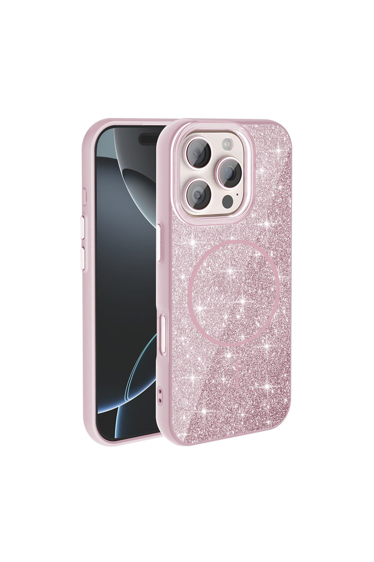 iPhone 16 Pro Max Kılıf Magsafe Şarj Özellikli Parlayan Simli NVTH Okso Kapak - Pembe
