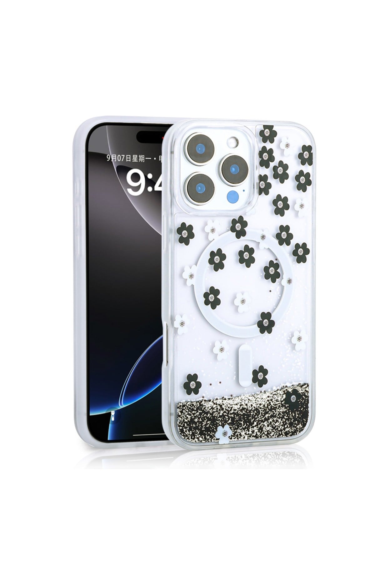 iPhone 16 Pro Max Kılıf Sıvılı Simli Baskılı Şeffaf Arka Yüzey NVTH Mossa Silikon Kapak - Siyah