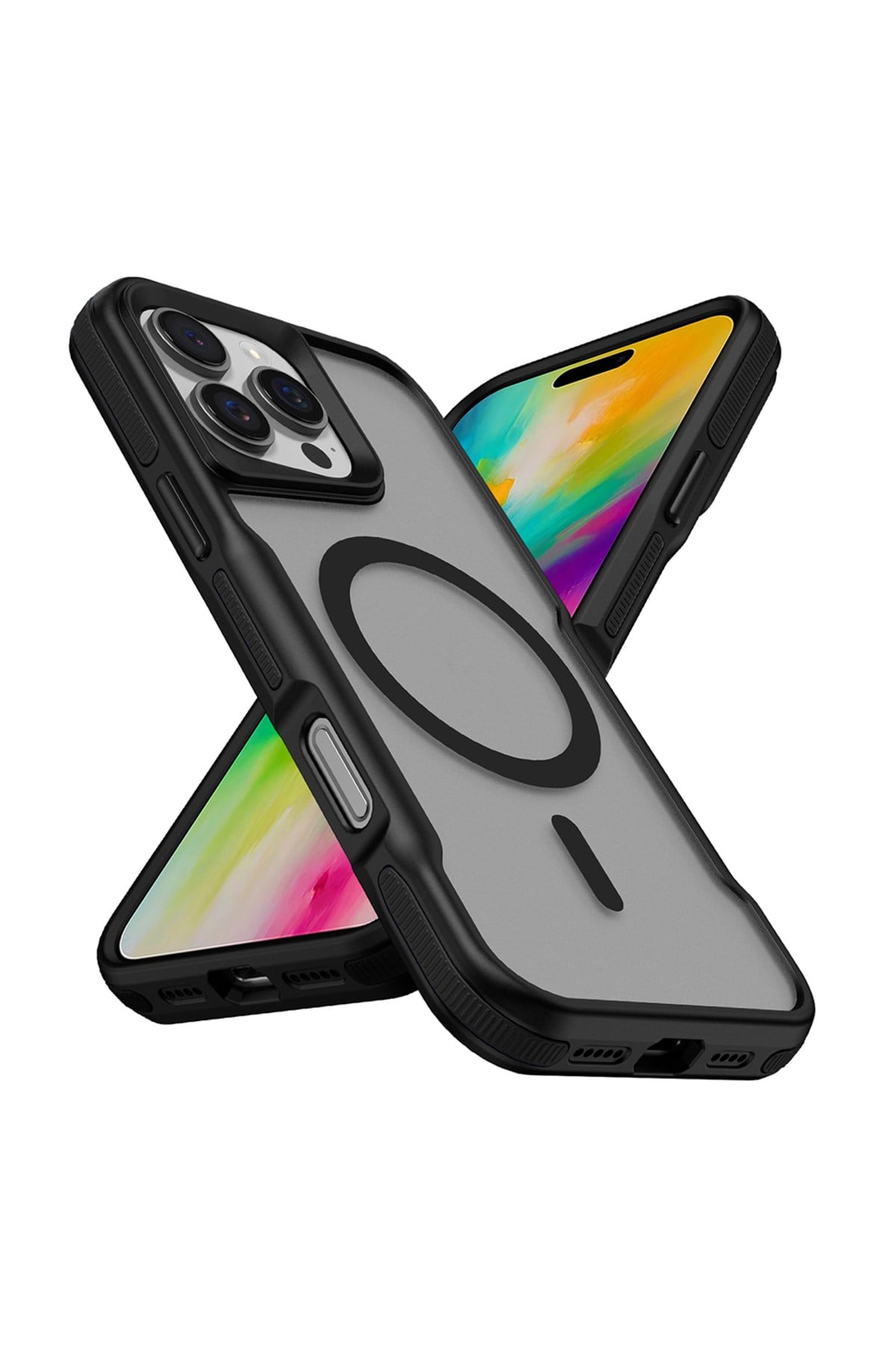 iPhone 16 Pro Uyumlu Magsafe Şarj Özellikli Renkli Kenar Airbag Şeritli NVTH Lamer Kapak-Siyah