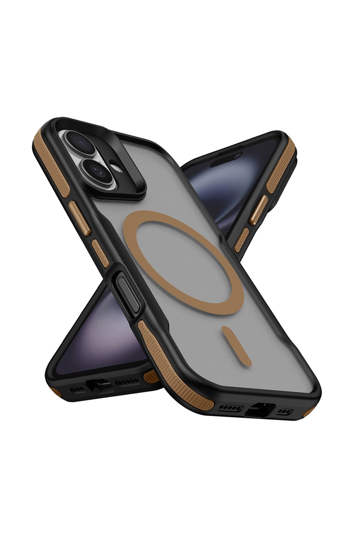 iPhone 16 Uyumlu Magsafe Şarj Özellikli Renkli Kenar Airbag Şeritli NVTH Lamer Kapak-Titanyum-Gold