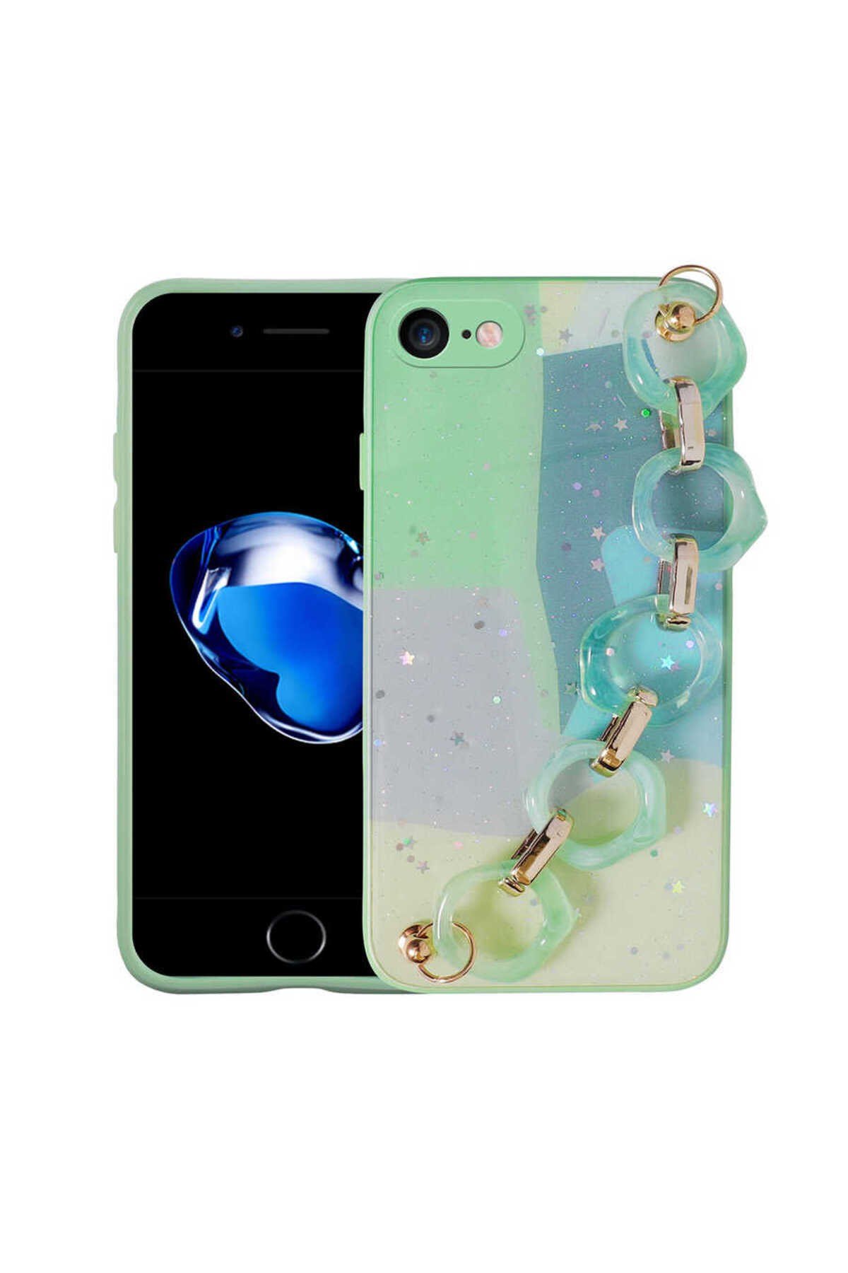 iPhone 8 Kılıf Simli Desenli El Askılı Tutacaklı NVTH Elsa Silikon Kapak - Yeşil
