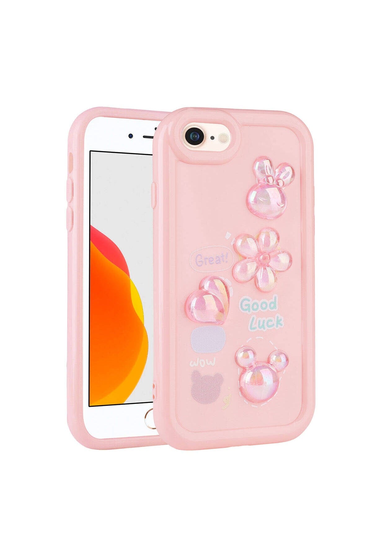 iPhone SE 2022 Uyumlu Kabartma Figürlü Parlak NVTH Toys Silikon Kılıf-Pembe