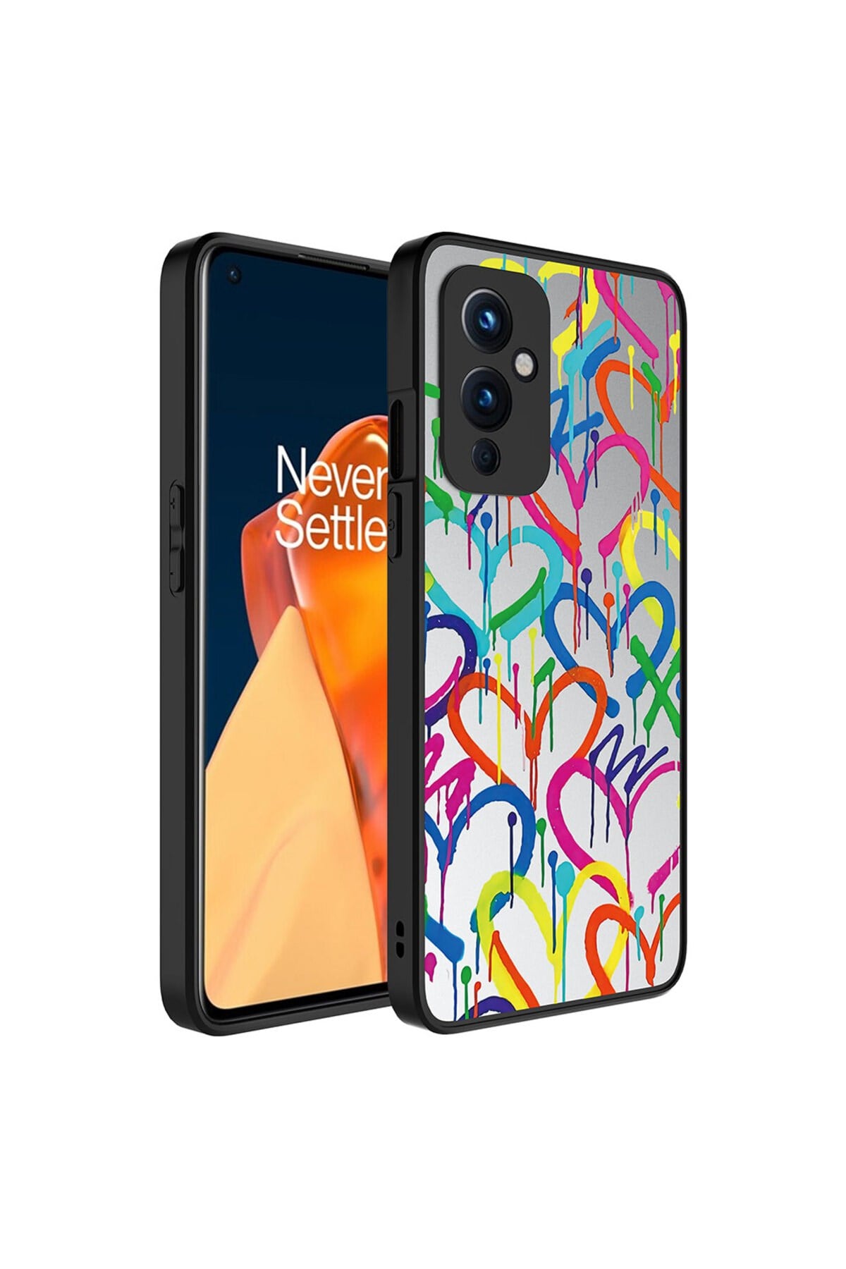 One Plus 9 Kılıf Aynalı Desenli Kamera Korumalı Parlak NVTH Mirror Kapak - Kalp