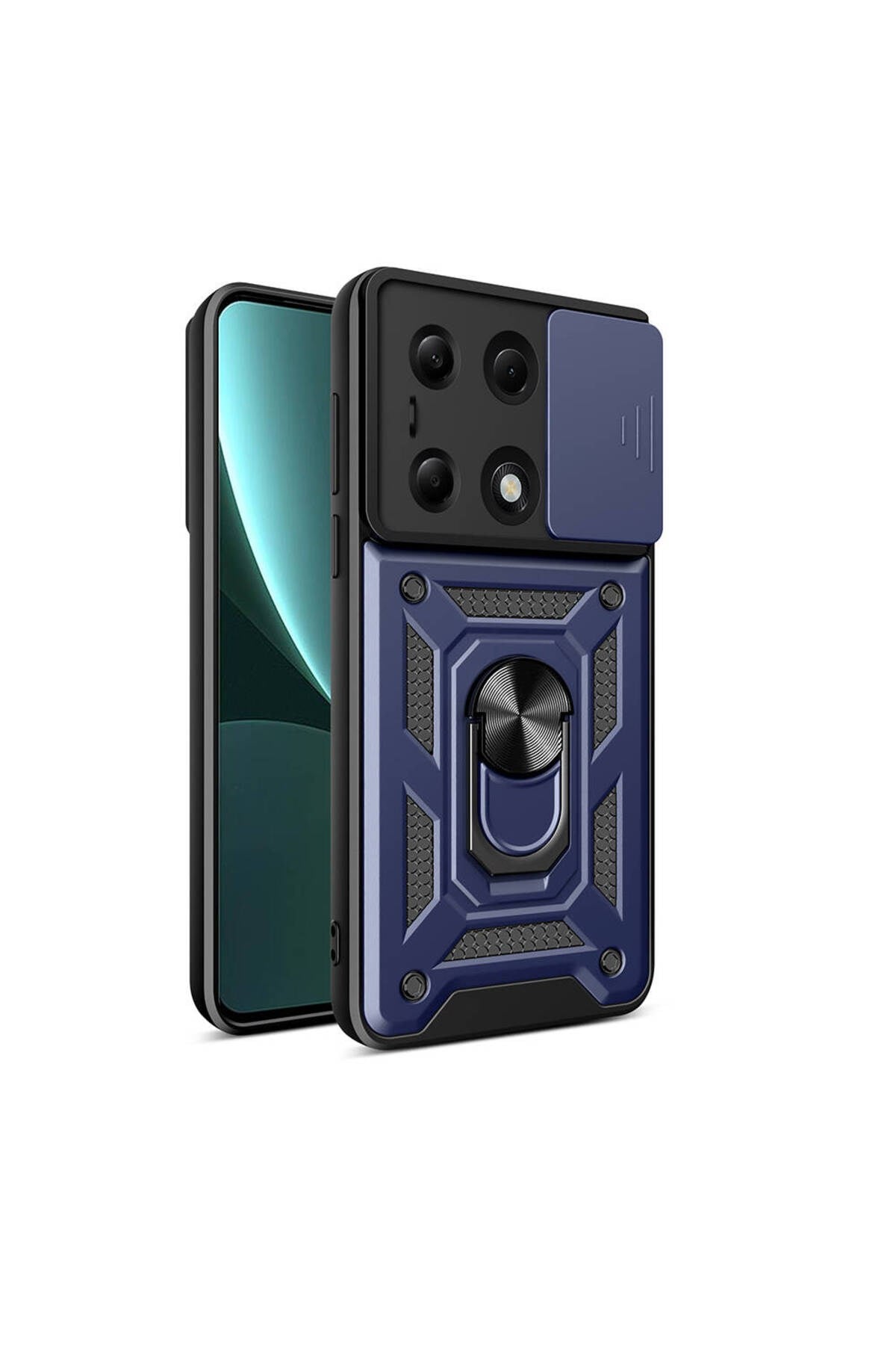 Poco M6 Pro 4G Kılıf Magnetik Standlı Kamera Korumalı NVTH Sürgülü Vega Kapak - Mavi