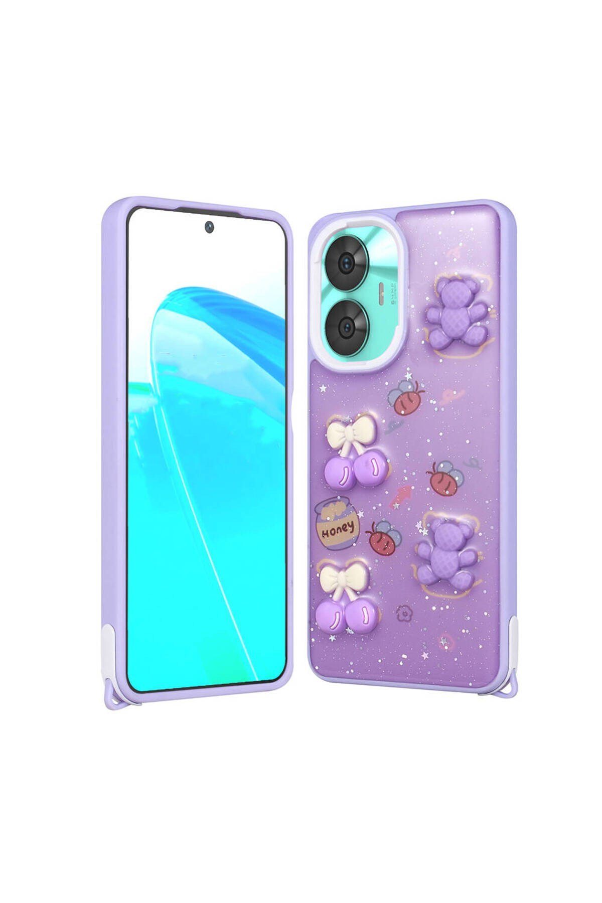 Realme C55 Kılıf Parlayan Simli Kabartma Figürlü NVTH Cevze Kapak - Mor Ayı