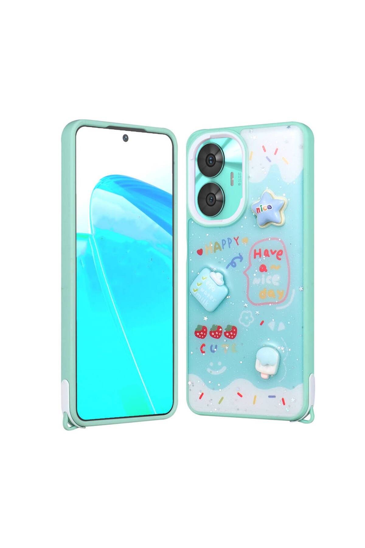 Realme C55 Kılıf Parlayan Simli Kabartma Figürlü NVTH Cevze Kapak - Yeşil