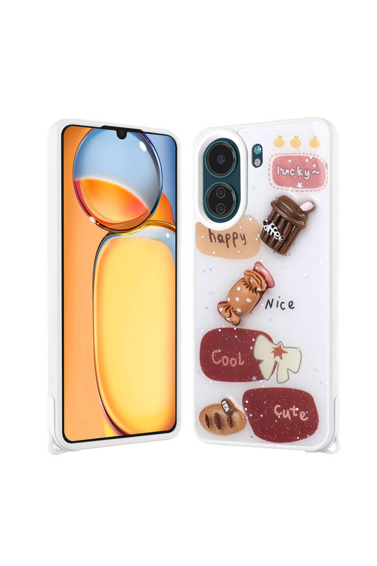 Redmi 13C Kılıf Parlayan Sıvılı Simli Kabartma Figürlü NVTH Cevze Kapak-Beyaz