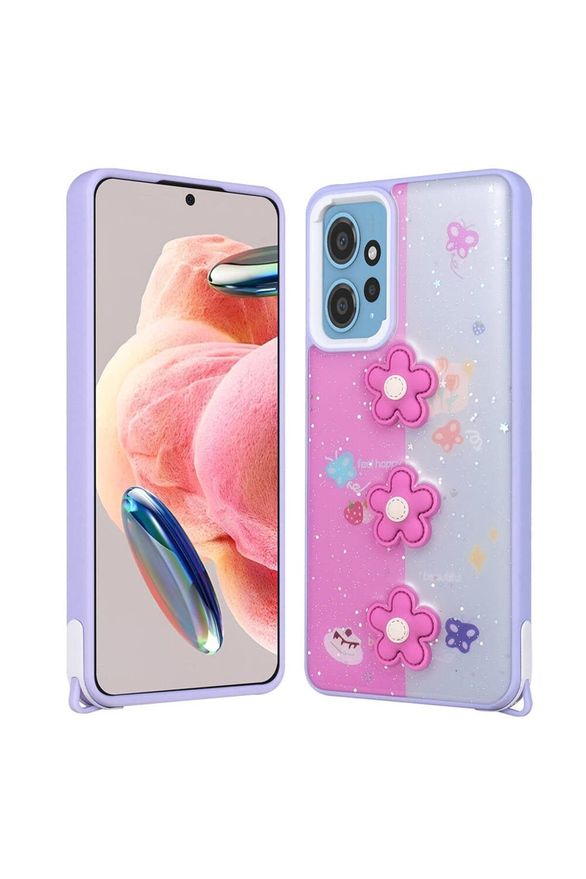 Redmi Note 12 4G Kılıf Parlayan Sıvılı Simli Kabartma Figürlü NVTH Cevze Kapak-Mor PaNSM-ya