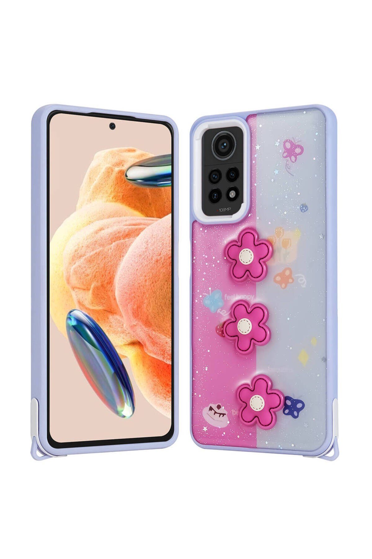 Redmi Note 12 Pro 4G Kılıf Parlayan Sıvılı Simli Kabartma Figürlü NVTH Cevze Kapak-Mor PaNSM-ya