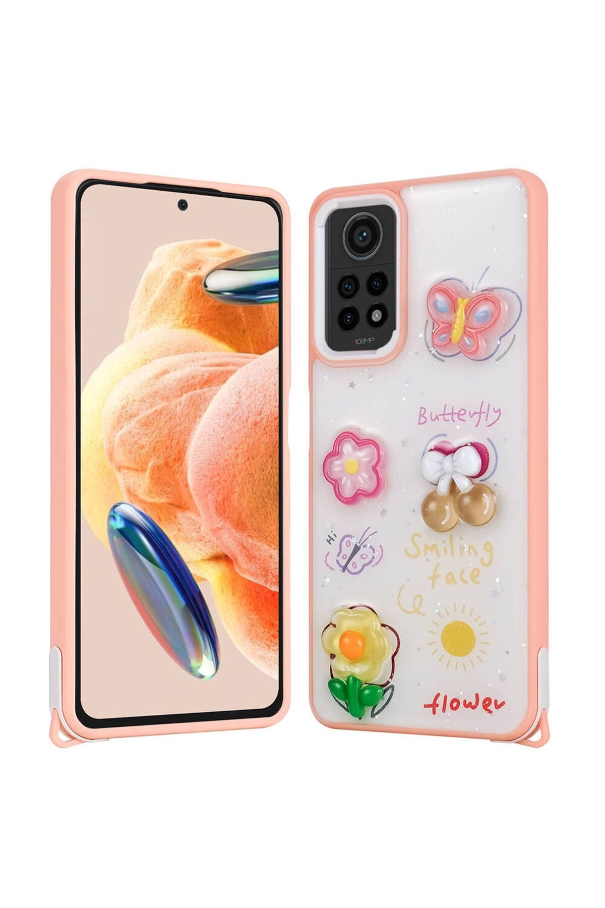 Redmi Note 12 Pro 4G Kılıf Parlayan Sıvılı Simli Kabartma Figürlü NVTH Cevze Kapak-Pembe