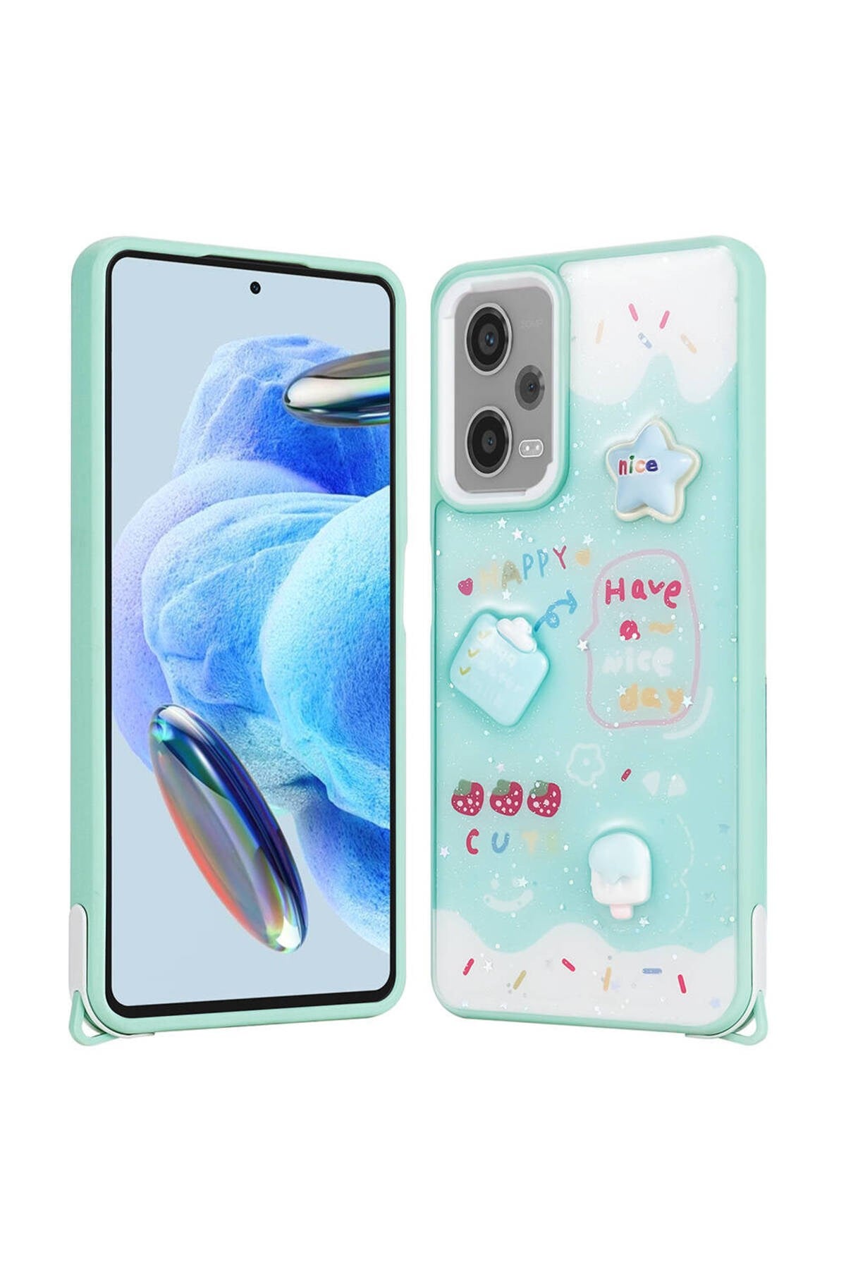 Redmi Note 12 Pro 5G Kılıf Parlayan Sıvılı Simli Kabartma Figürlü NVTH Cevze Kapak-Yeşil