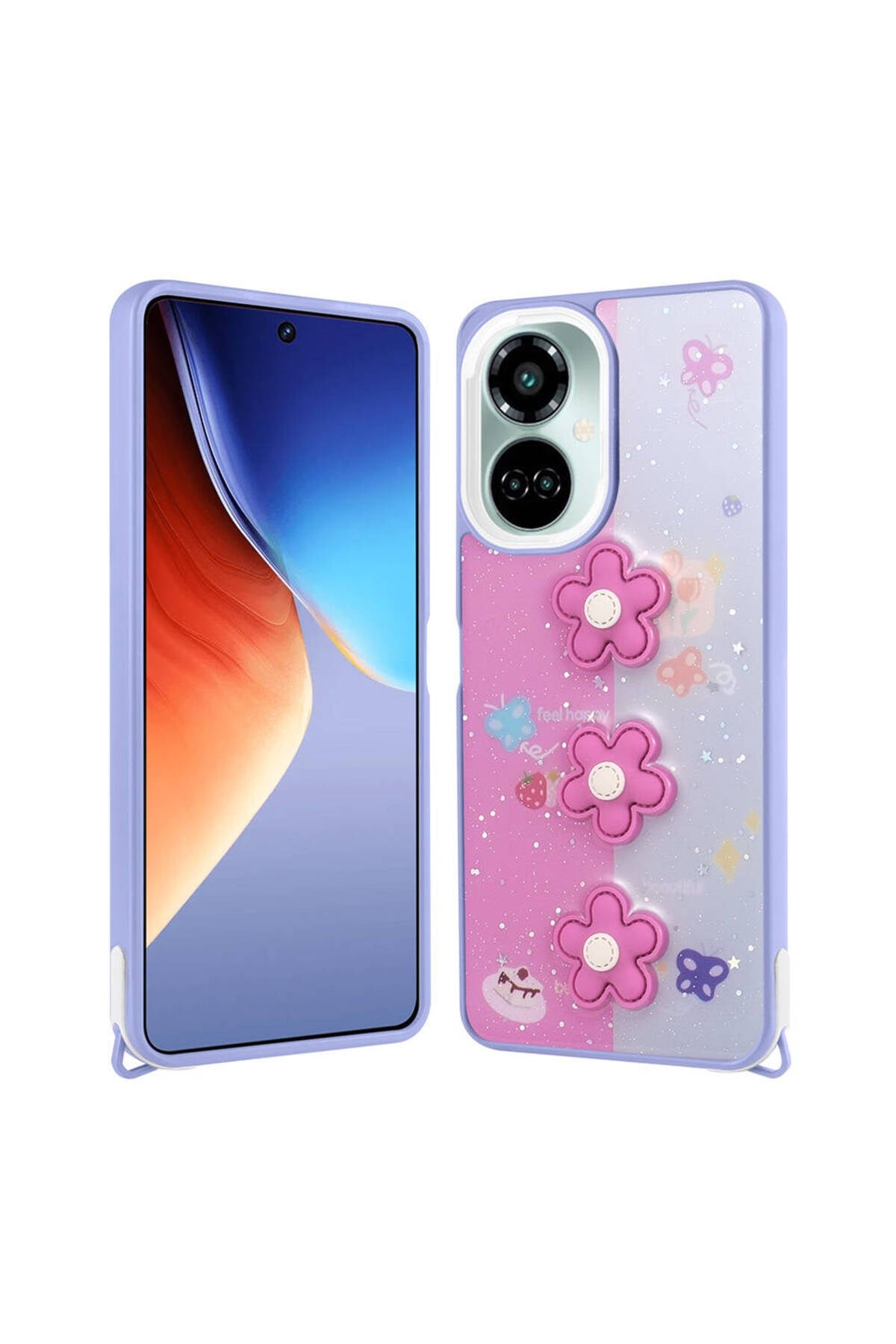 Tecno Camon 19 Kılıf Parlayan Simli Kabartma Figürlü NVTH Cevze Kapak - Mor Papatya