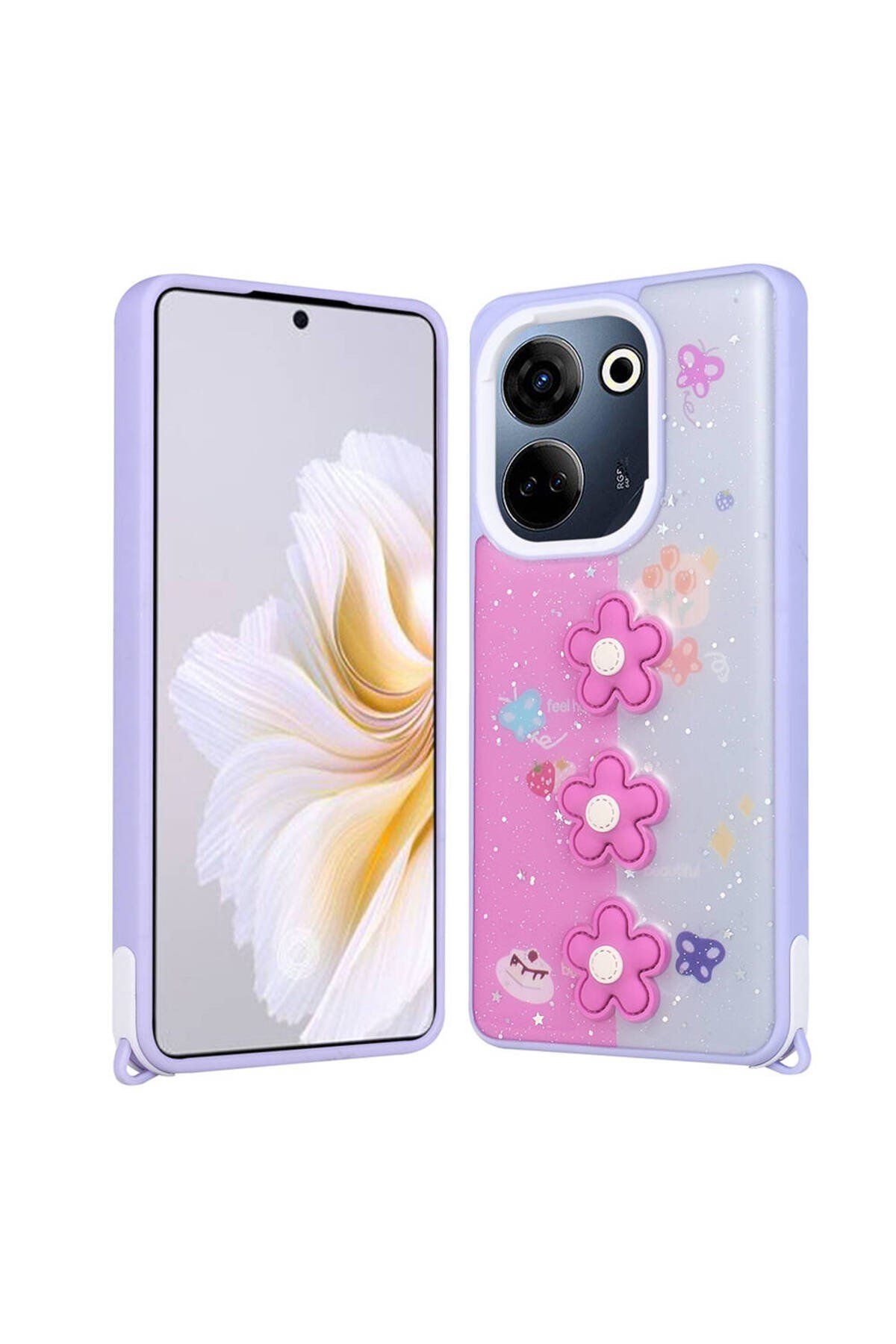 Tecno Camon 20 Kılıf Parlayan Simli Kabartma Figürlü NVTH Cevze Kapak - Mor Papatya