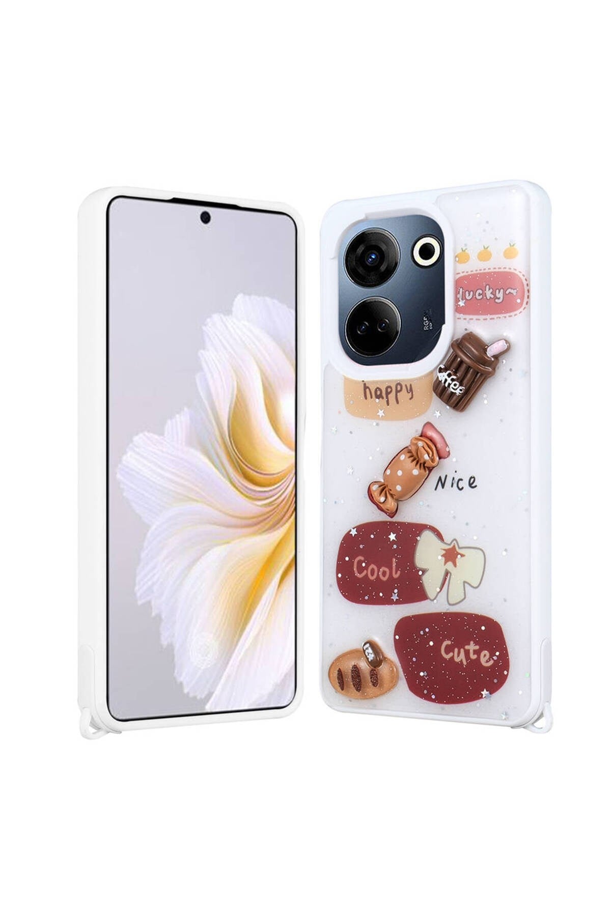 Tecno Camon 20 Pro 4G Kılıf Parlayan Sıvılı Simli Kabartma Figürlü NVTH Cevze Kapak-Beyaz