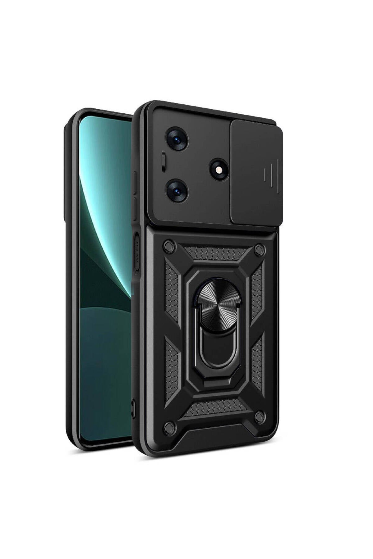 Tecno Spark 10 4G Kılıf Magnetik Standlı Kamera Korumalı NVTH Sürgülü Vega Kapak - Siyah