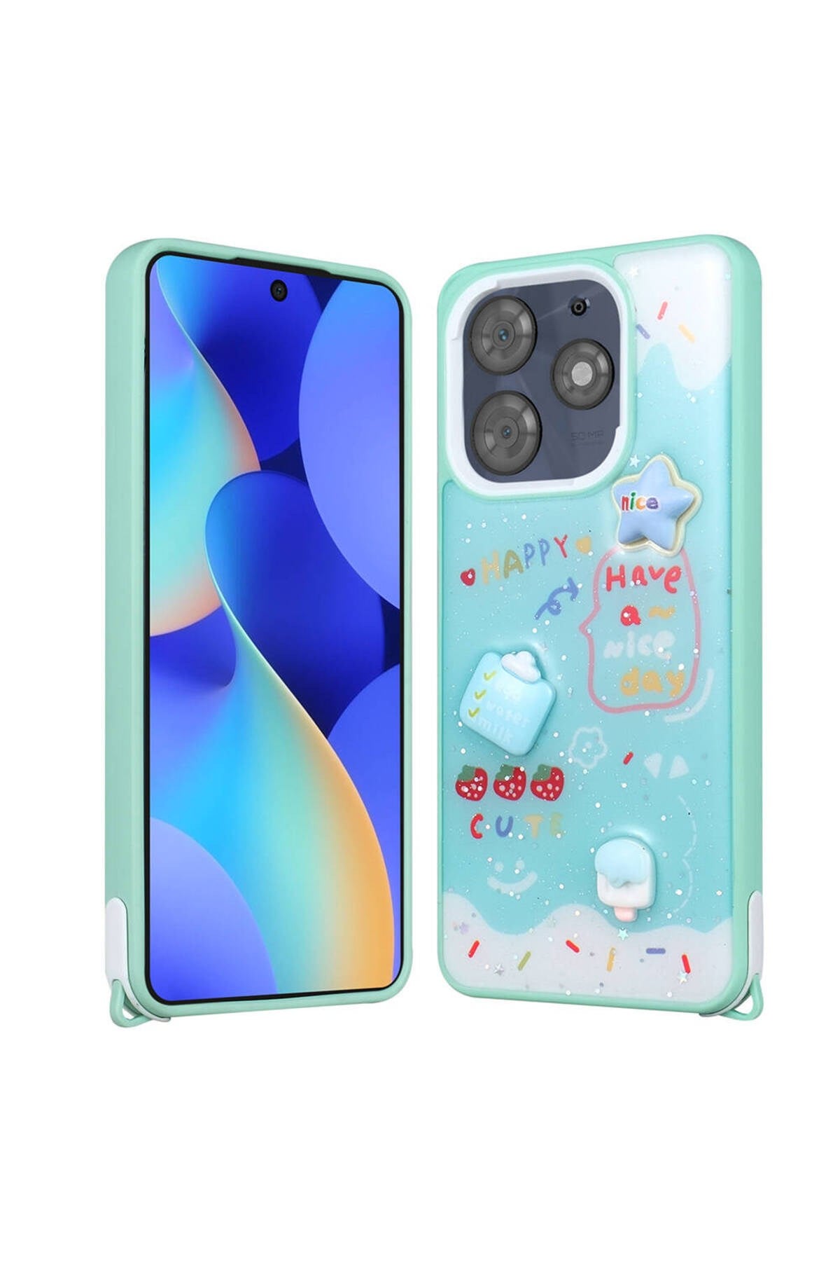 Tecno Spark 10 Pro Kılıf Parlayan Simli Kabartma Figürlü NVTH Cevze Kapak - Yeşil