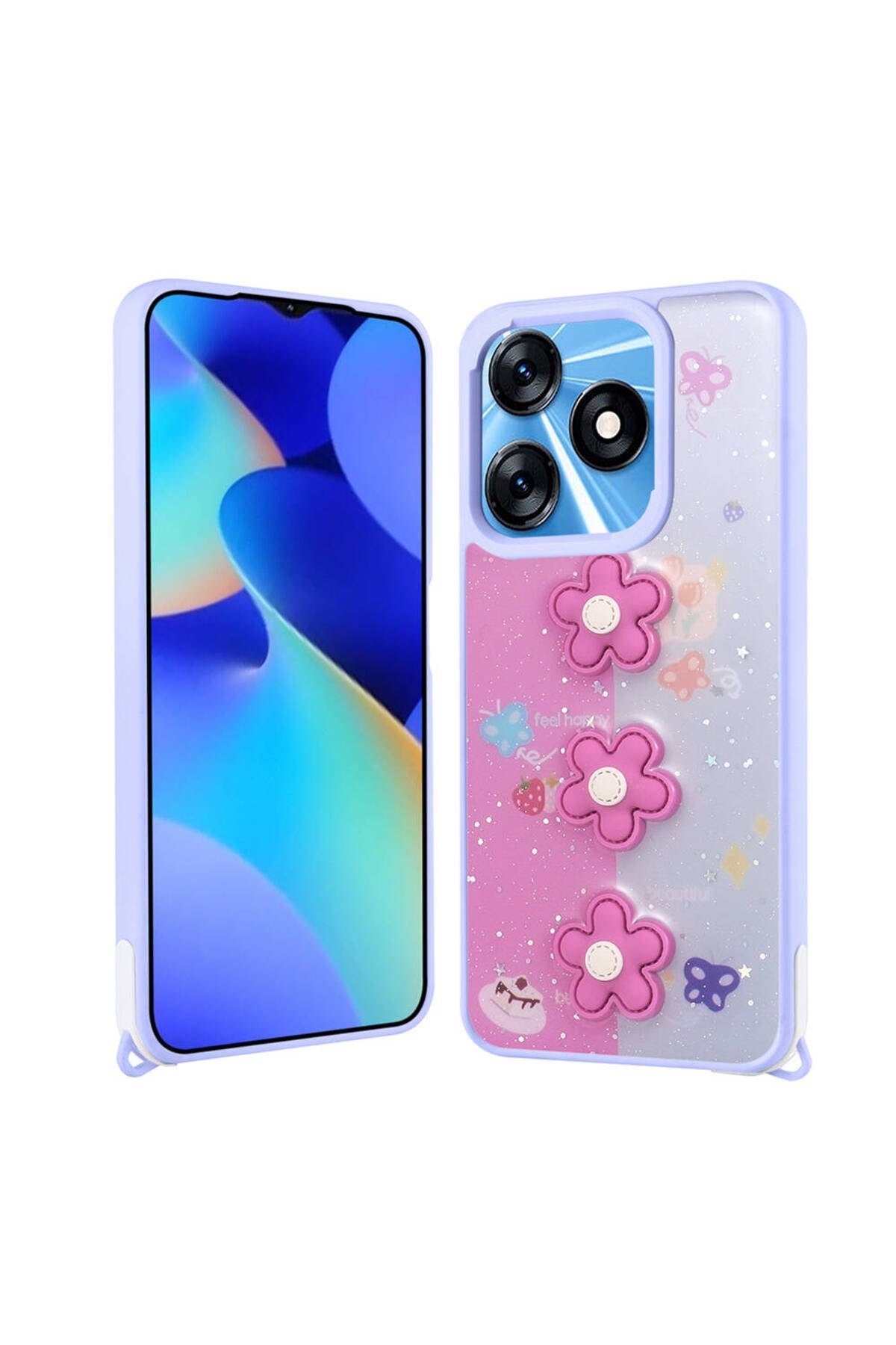 Tecno Spark 10C Kılıf Parlayan Simli Kabartma Figürlü NVTH Cevze Kapak - Mor Papatya