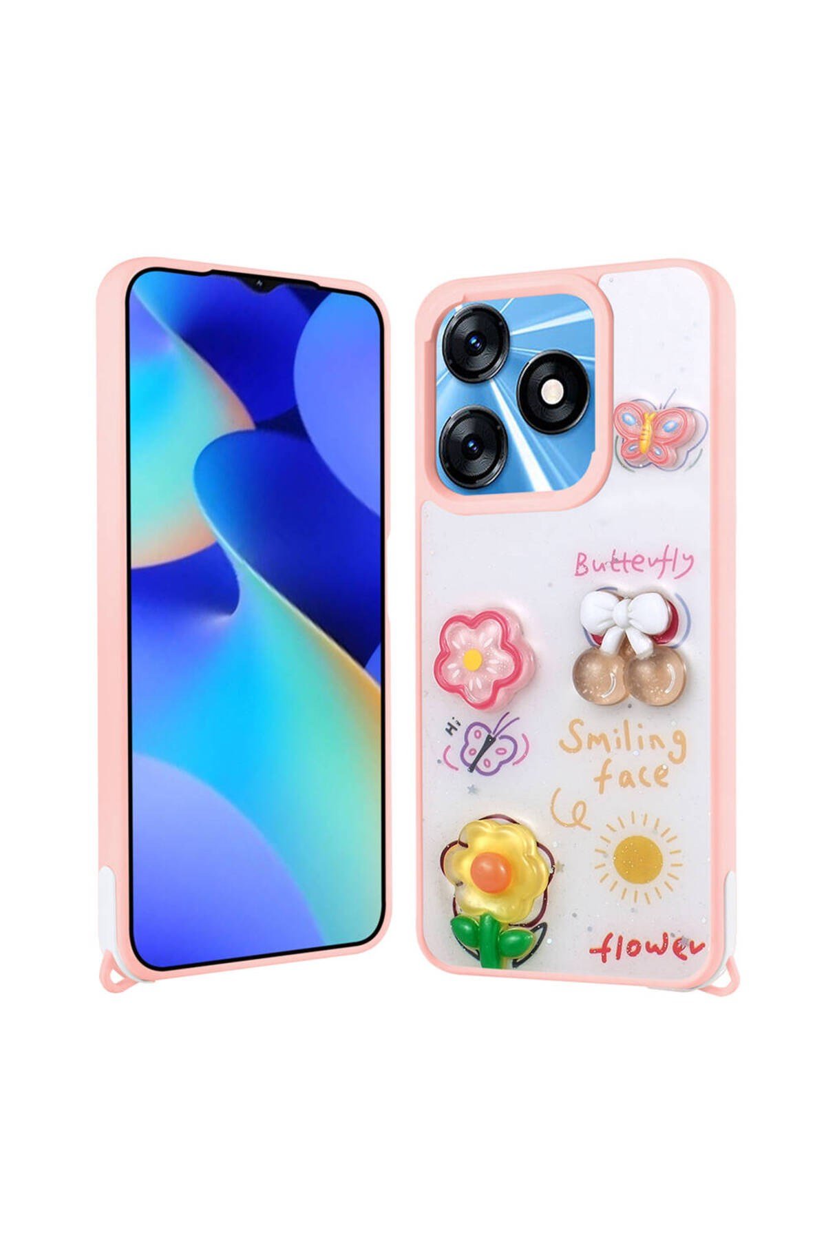 Tecno Spark 10C Kılıf Parlayan Sıvılı Simli Kabartma Figürlü NVTH Cevze Kapak-Pembe