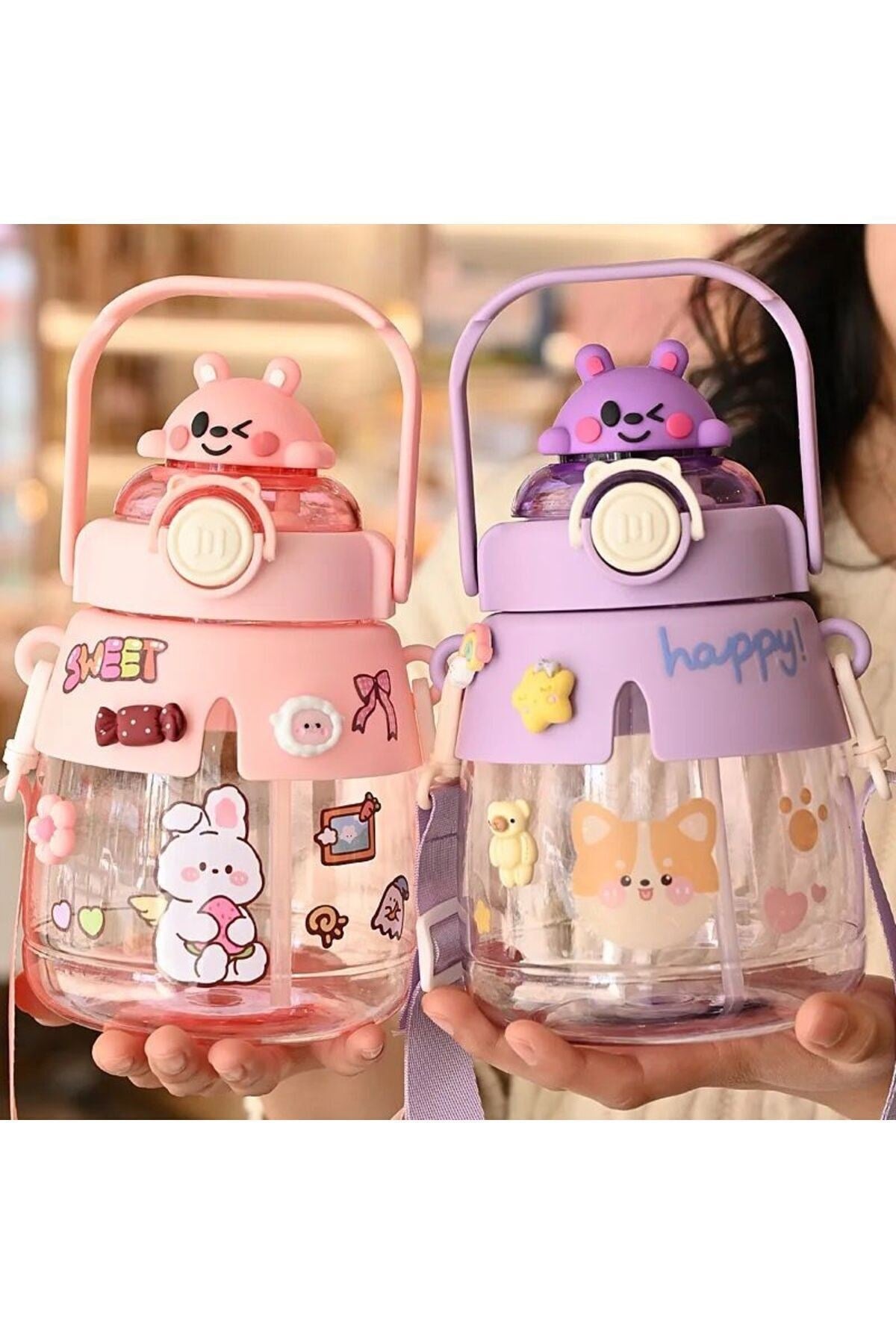 1200ml Çocuk Suluğu Hayvan Figürlü Su Matarası Bpa Içermez Okul Suluğu Taşıma Kayışlı 3d Stickerlı