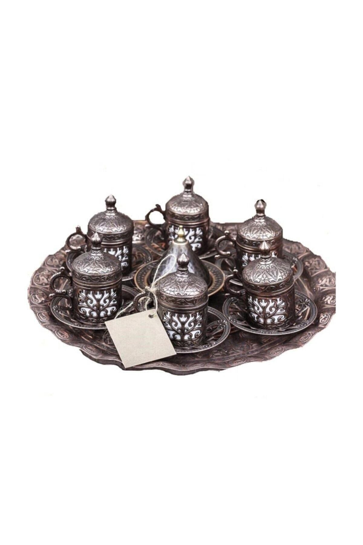 6 Kişilik Gümüş - Bakır Osmanlı Desenli Türk Kahvesi Fincan Takımı - Tepsi Lokumluk Fincan Seti