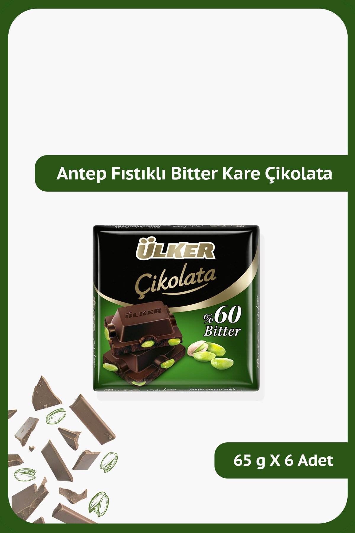 %60 Bitter Antep Fıstıklı Kare Çikolata - 65 gram - 6 Adet