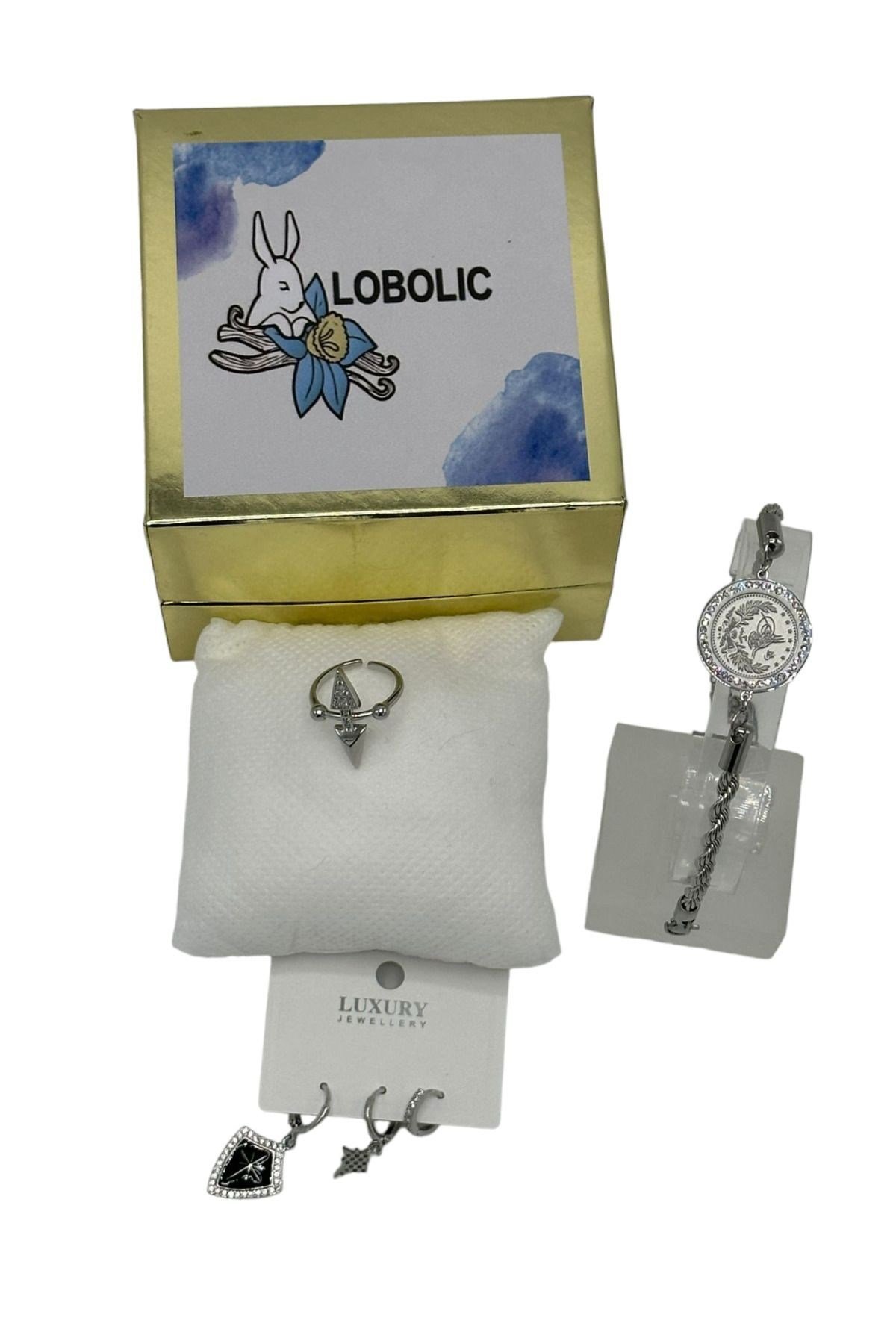 ÇELİK Bileklik ,Küpe, Yüzük Seti. 3 Parça Çelik Set