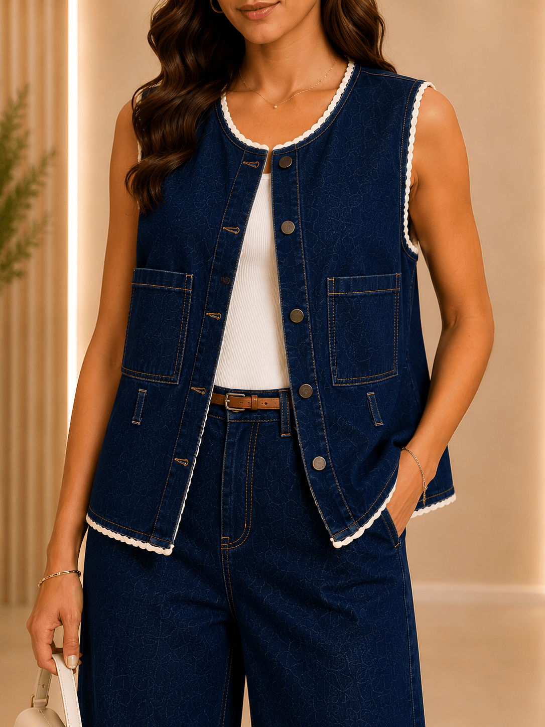Kadın Şerit Detaylı Denim Yelek Pantolon Takım - 5'li Seri