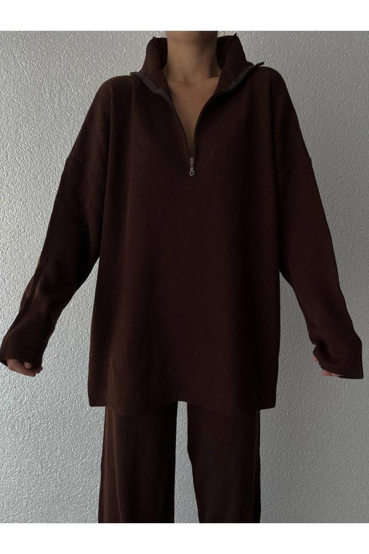 Örgü Detaylı Oversize Kazak Pantolon Triko Alt-üst Takım