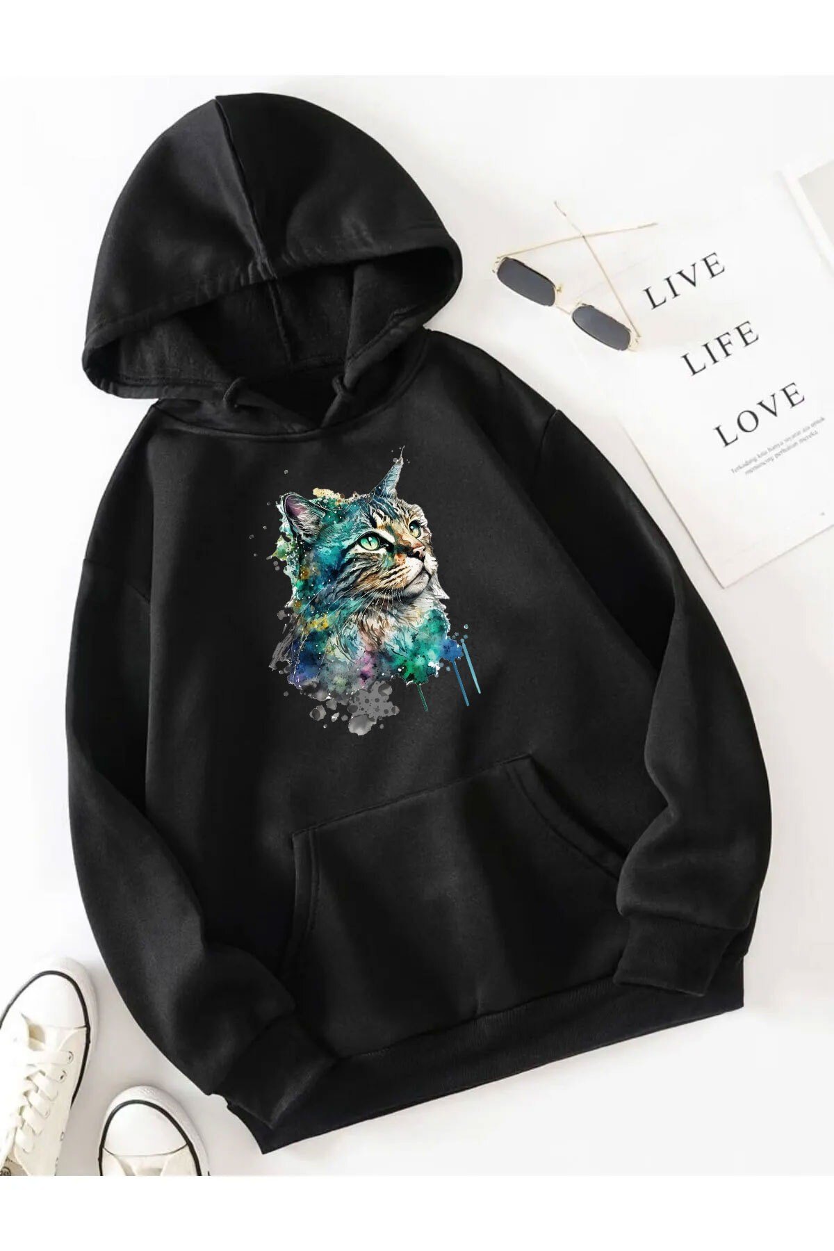 Oversize Baskılı Siyah Sweatshirt
