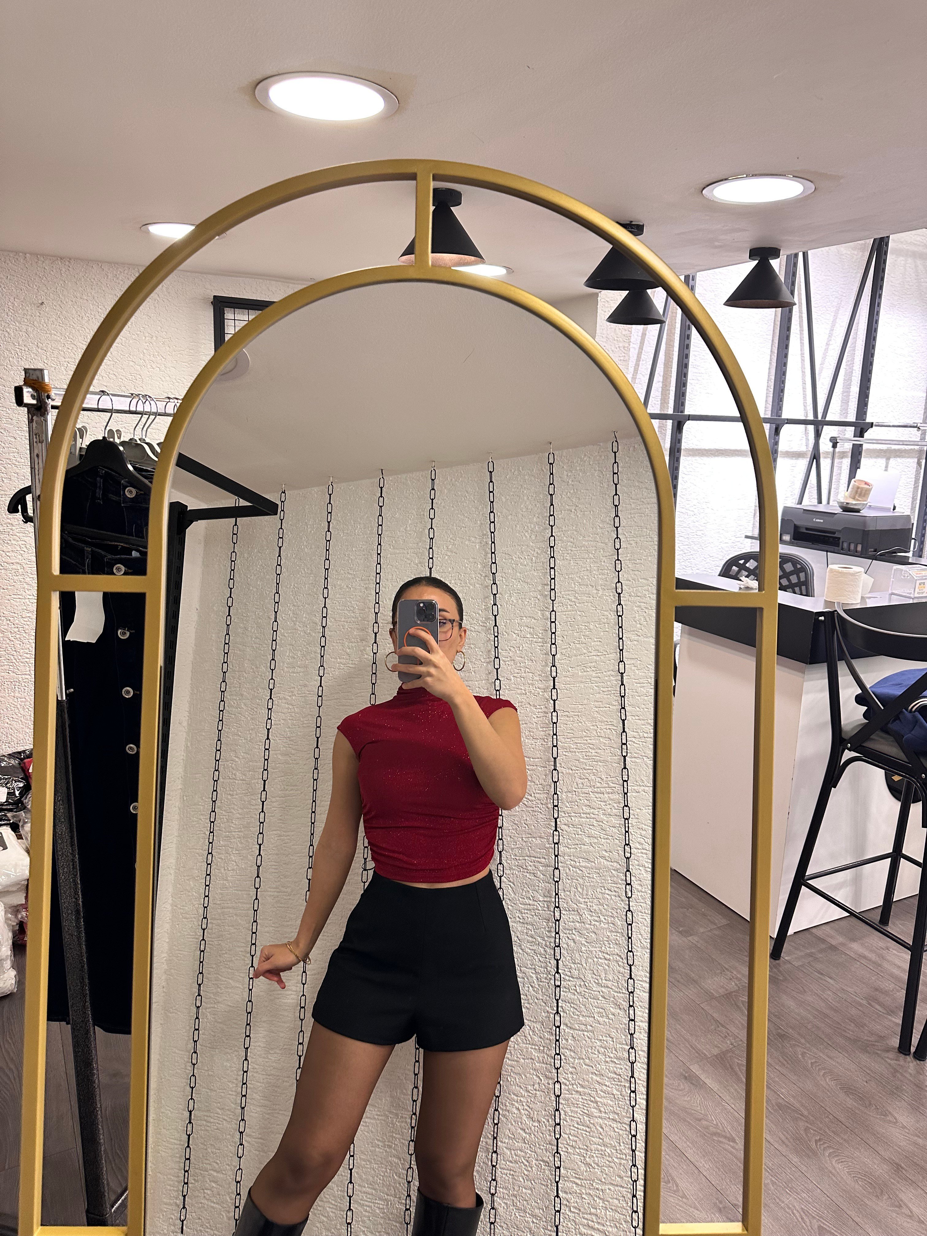 Simli Bordo Yarım Balıkçı Kolsuz Crop Bluz