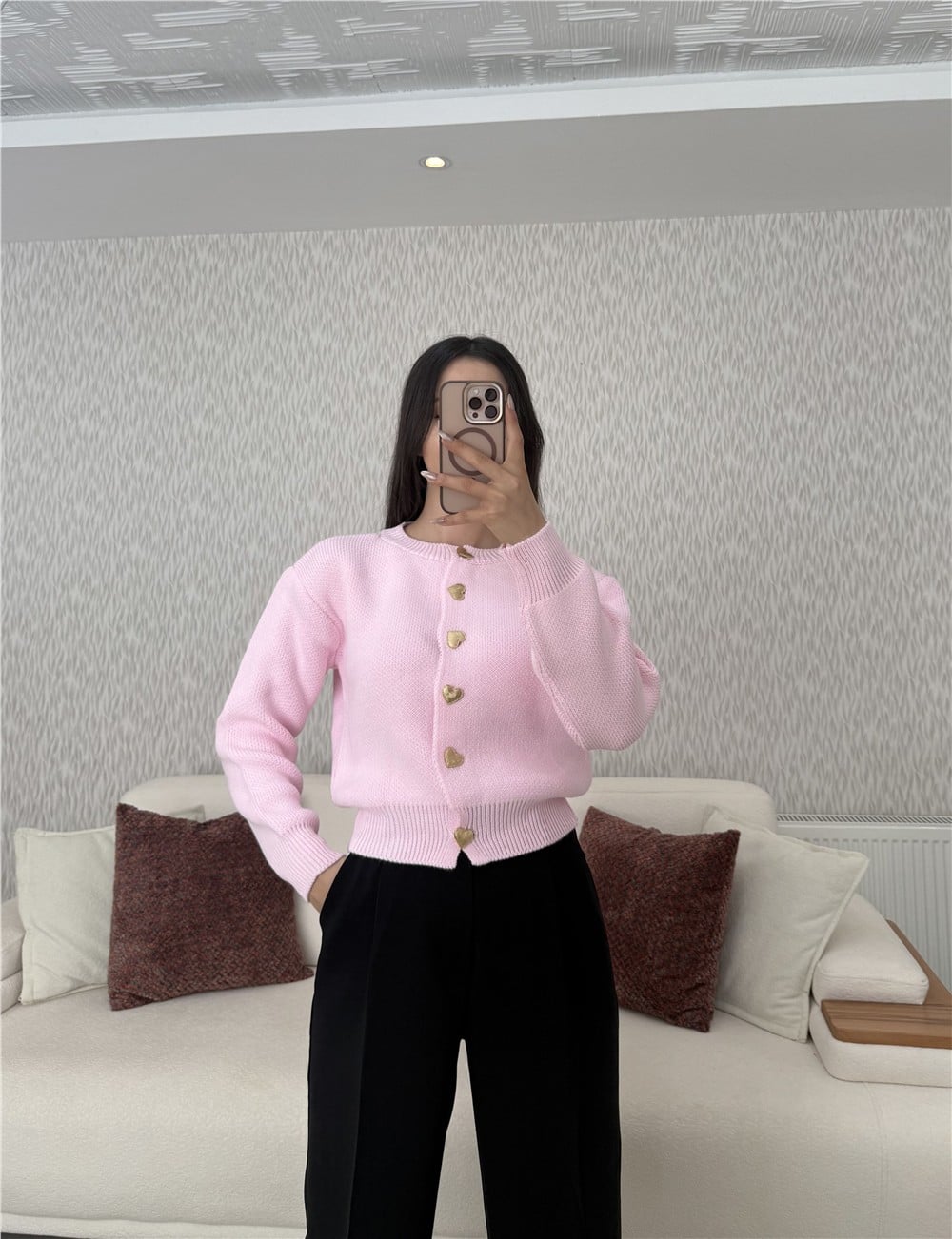Kalp Düğmeli Hırka Pembe