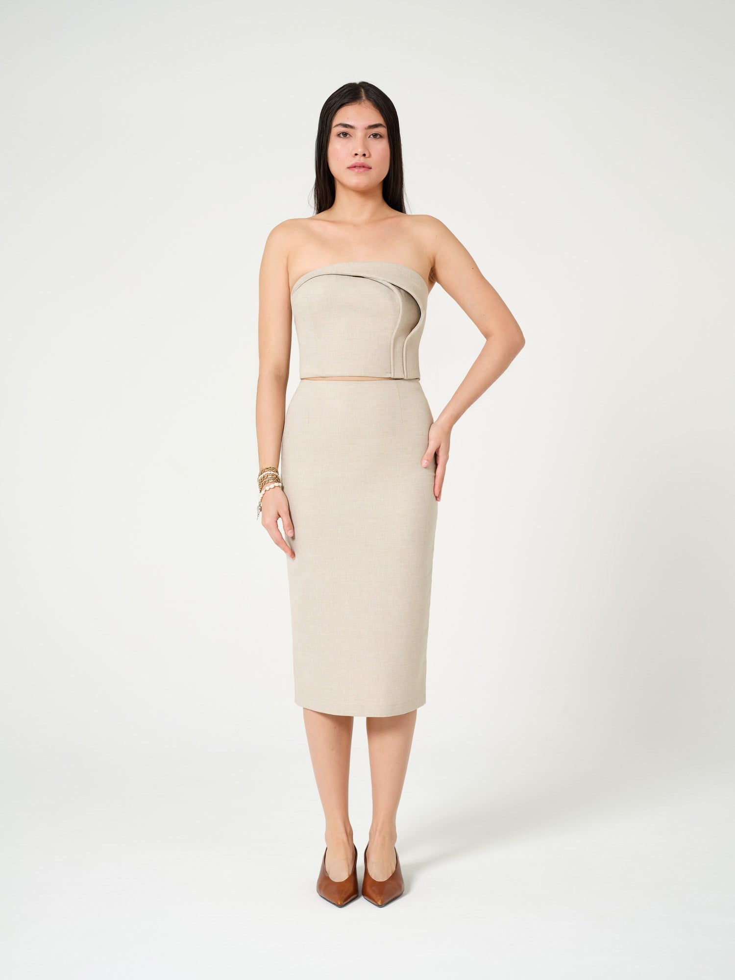 Piarbi Açık Yırtmaçlı Kalem Etek - Bej Keten Karışımlı Open Slit Pencil Skirt