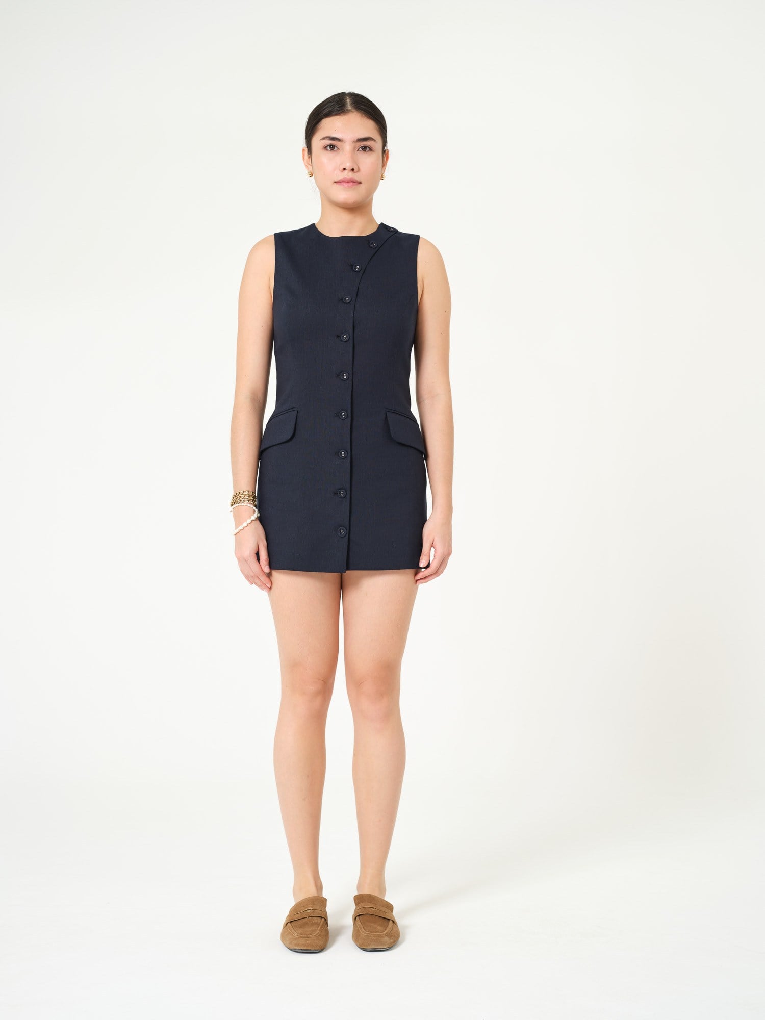Piarbi Asimetrik Düğmeli Keten Elbise Yelek - Lacivert Premium Linen Karışımlı Short Dress Vest Tasarım