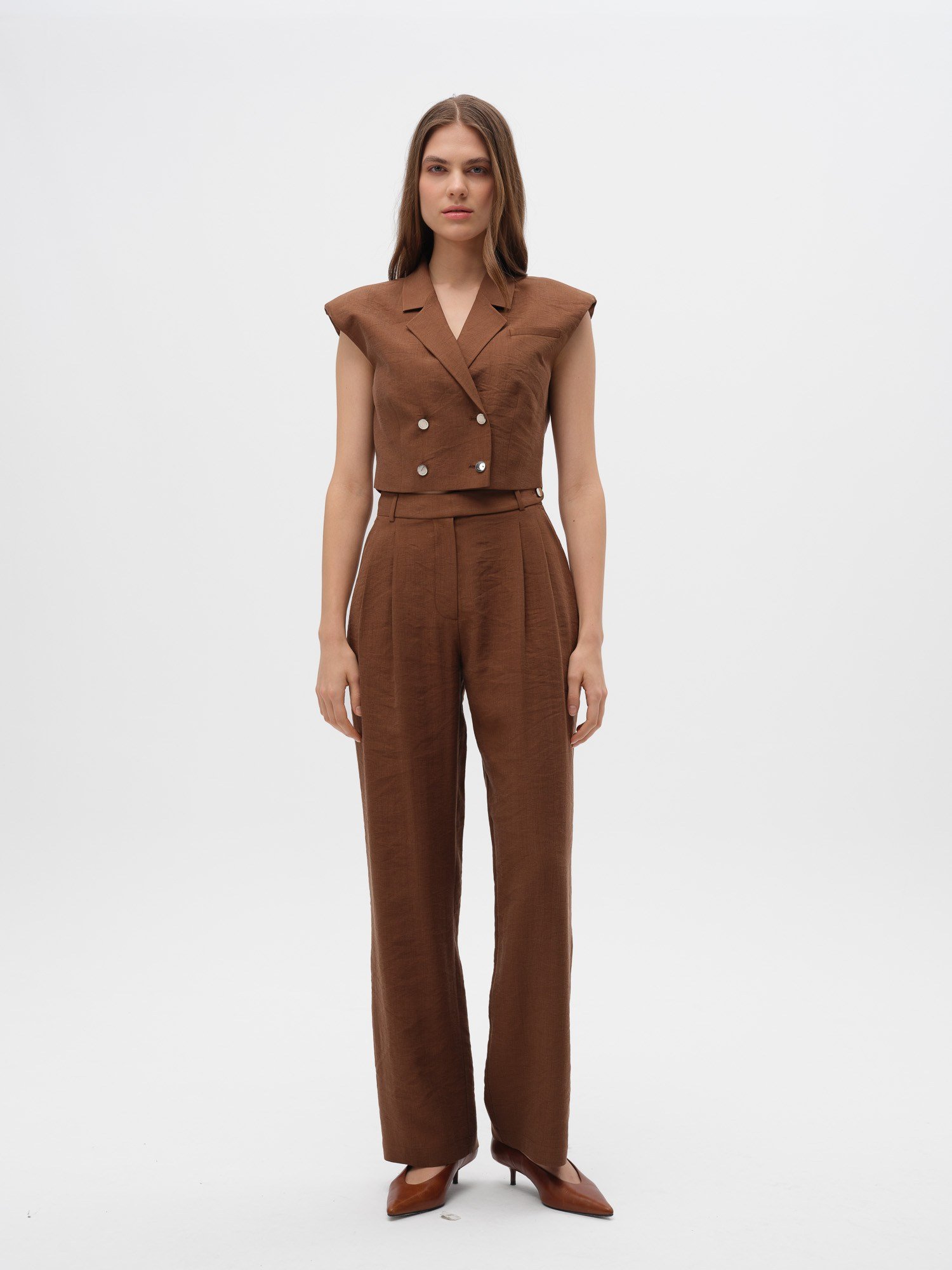 Piarbi Asimetrik Kemer Detaylı Düz Paça Pantolon - Enfiye Tencel Karışımlı Premium Straight Leg Tasarım