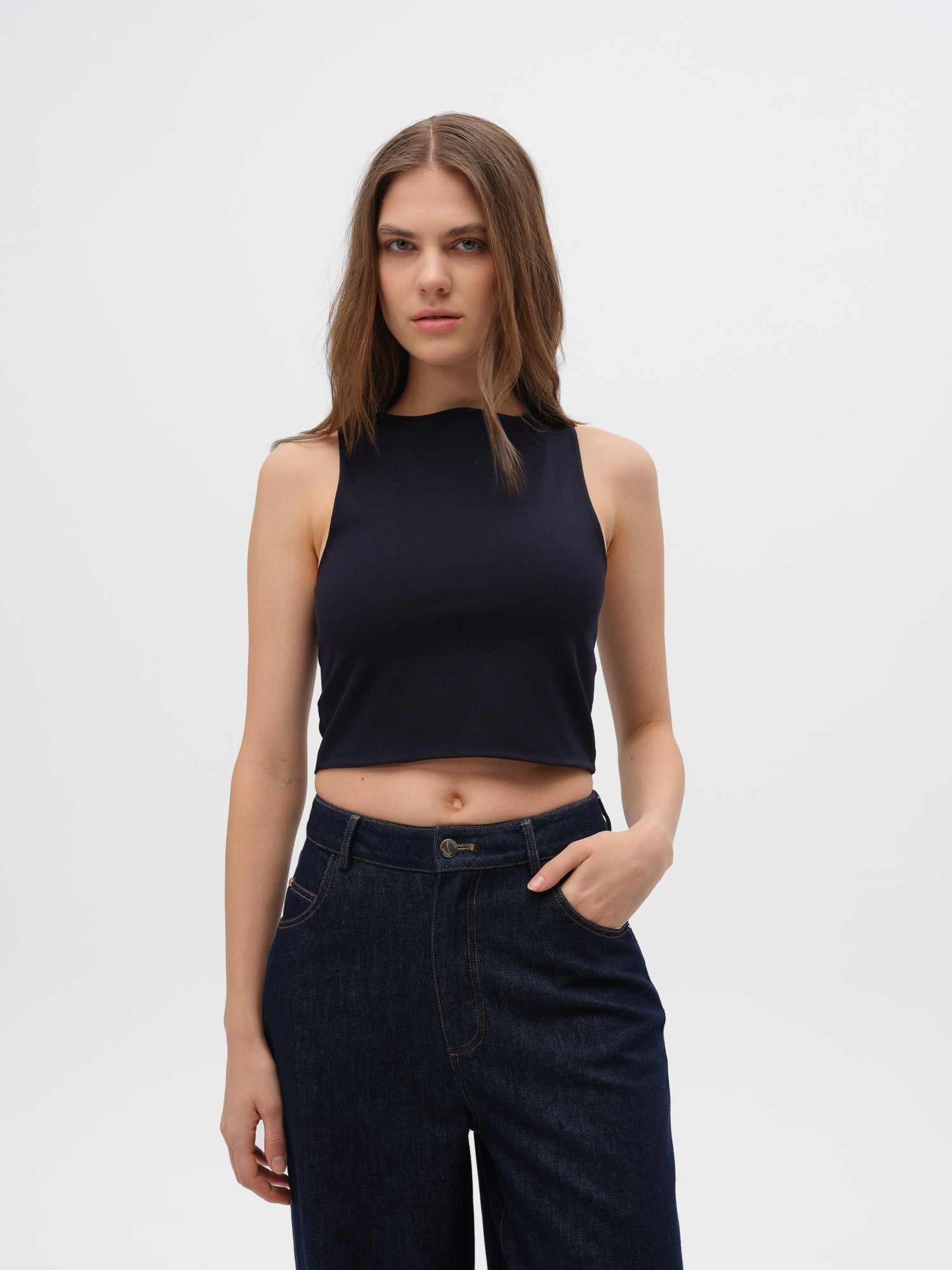 Piarbi Bisiklet Yaka Kolsuz Slim Fit Bluz - Kahve, Lacivert ve Off White Pamuklu Likralı T-shirt