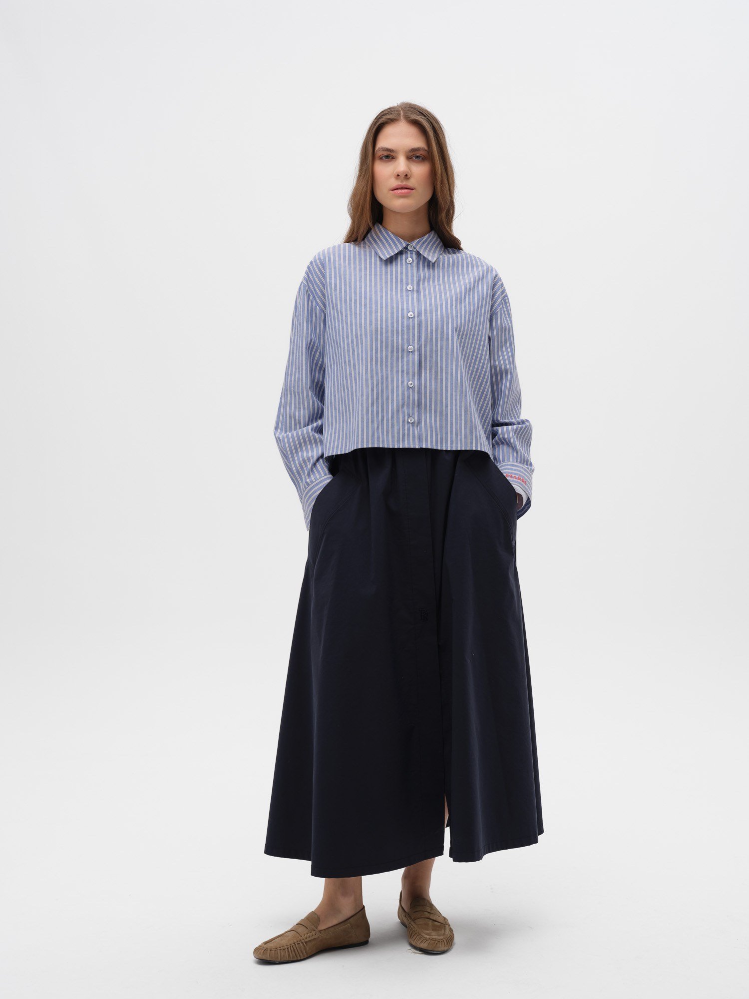 Piarbi Büyük Fileto Cepli Geniş Kesim Etek - Bej ve Koyu Lacivert Premium Pamuk Karışımlı Slit Detail Wide Skirt