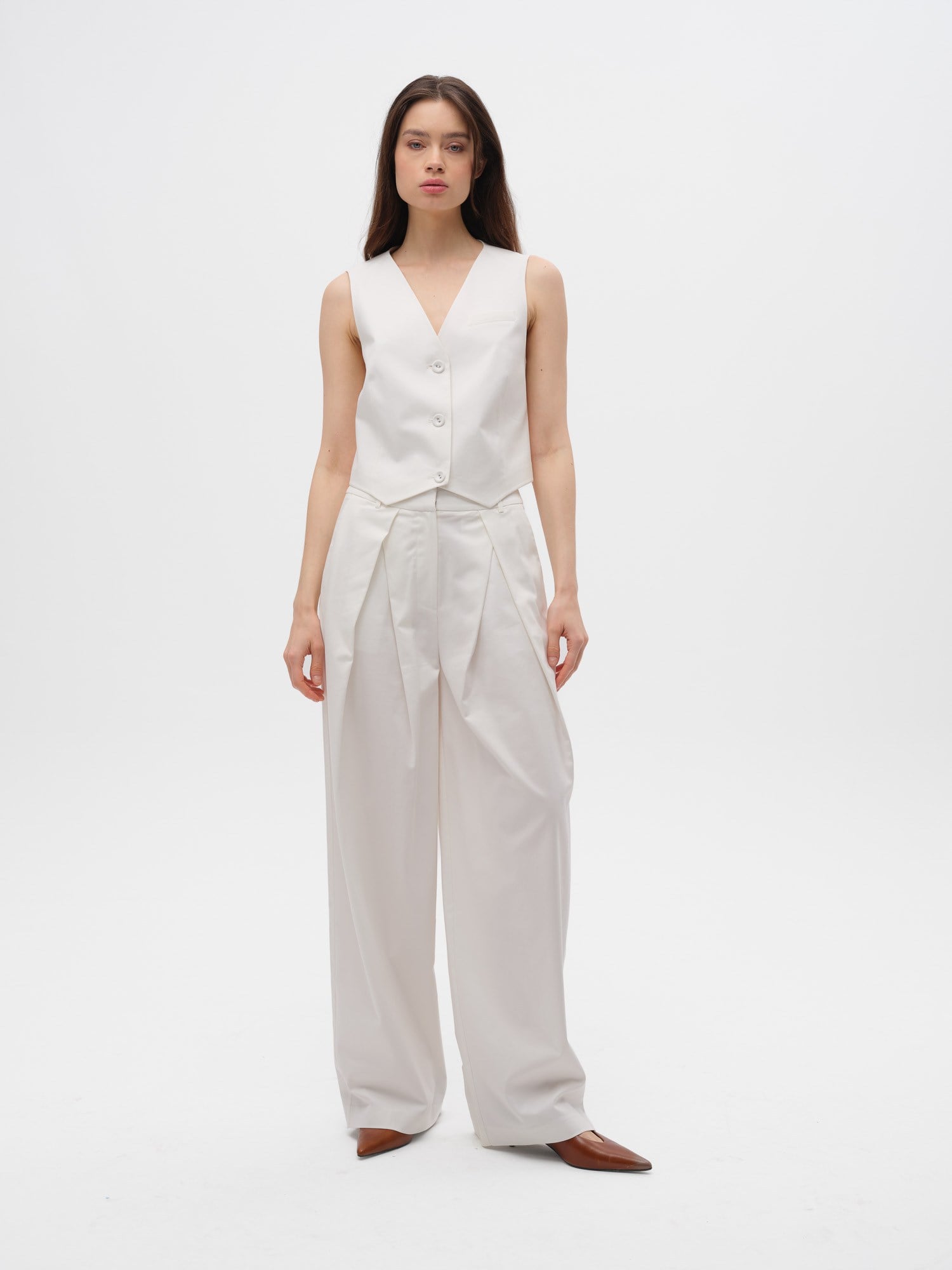 Piarbi Derin Pileli Dökümlü Geniş Kesim Pantolon - Off White Pamuk Modal Karışımlı Premium Tasarım